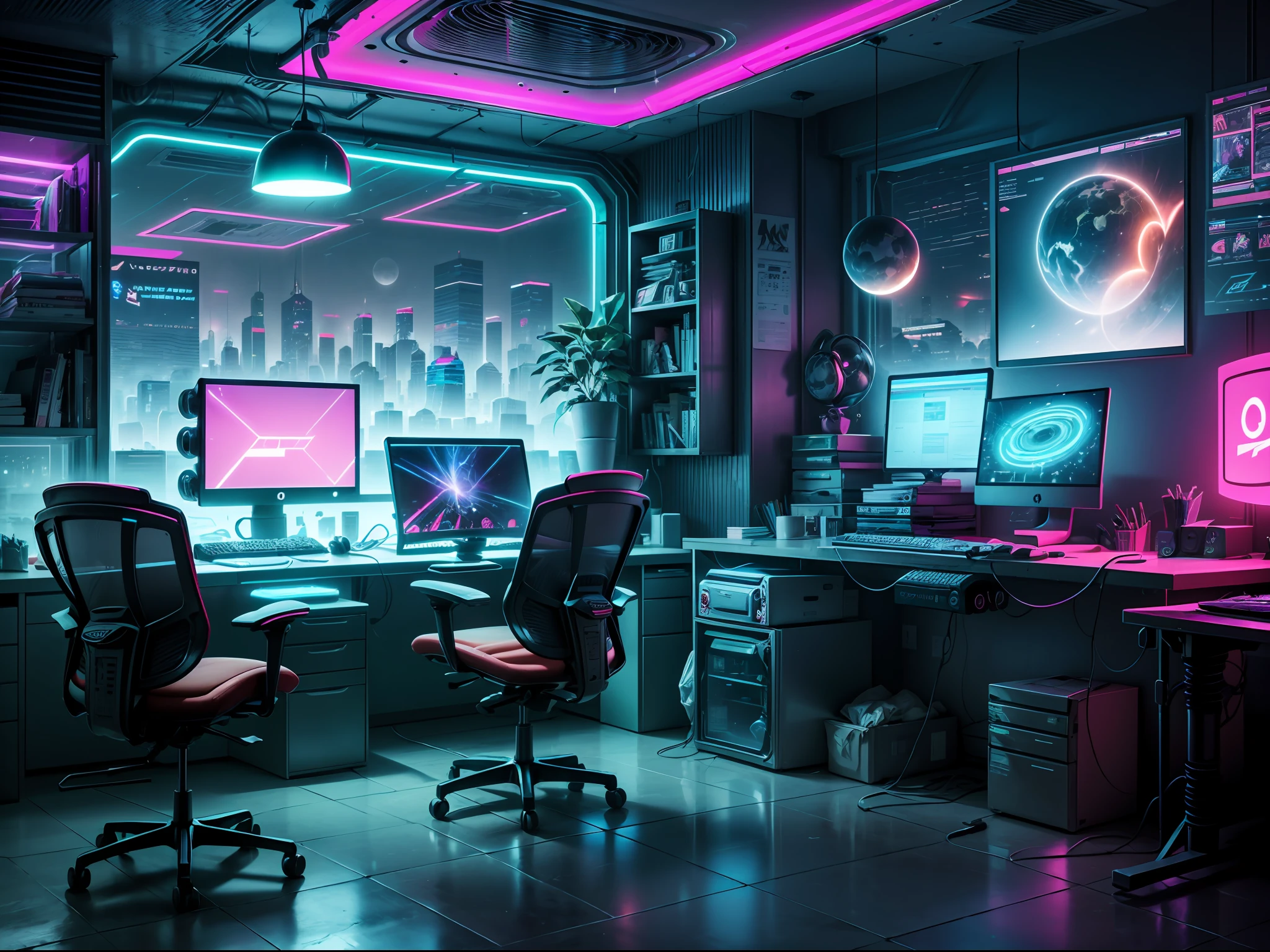 Interior design for an office of futuristic Gamer environment, (holographic screens) and (floating chairs). The space is futuristic and cluttered with technical equipment and tools scattered around. Colorful neon lights add to the cyberpunk vibe.