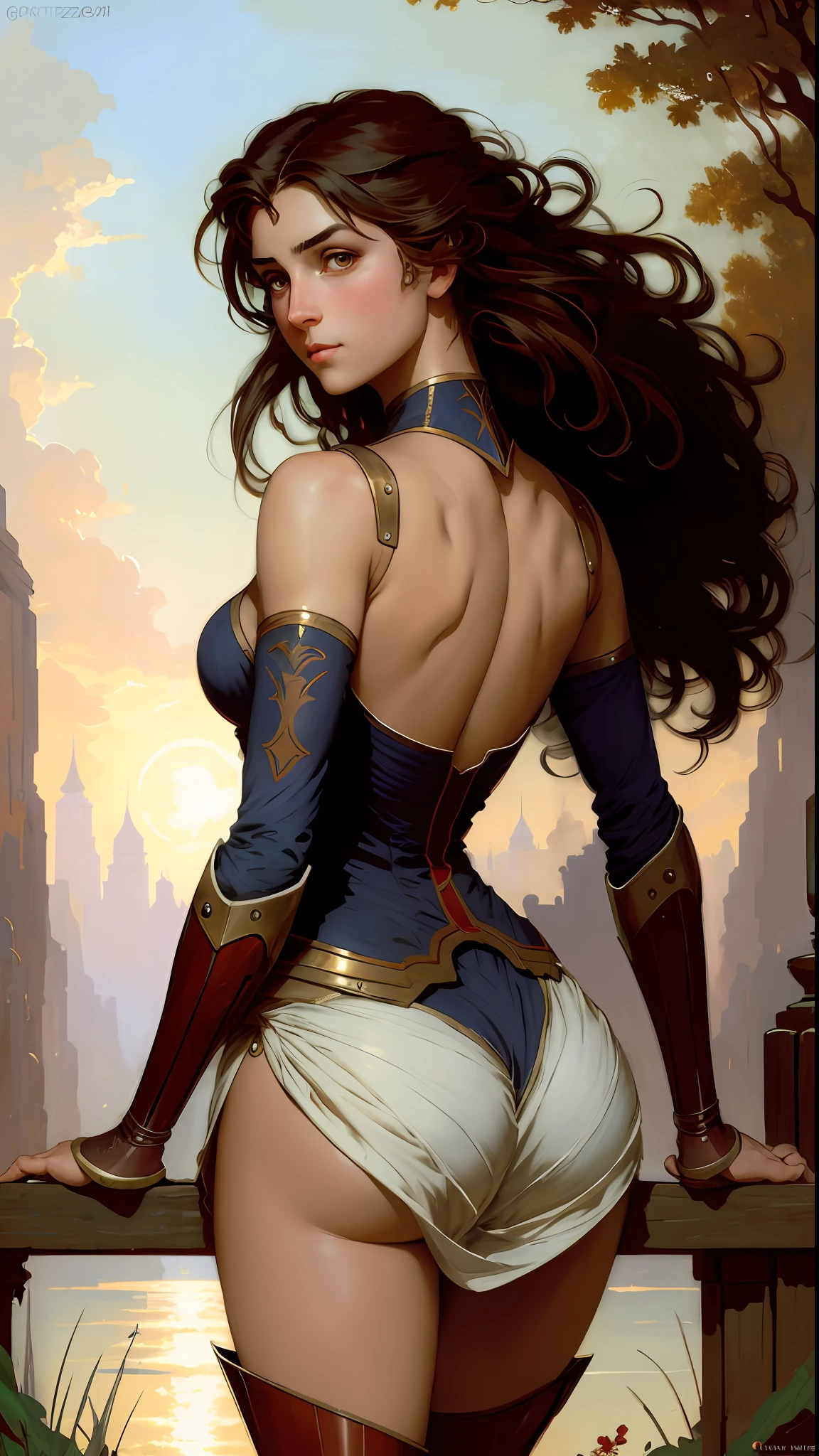 detailed drawing of a robot girl, (dynamic back pose), skindentation, thighhighs, eyebrows_visible_through_hair, eyes_visible_through_hair, gainax, evening, highres, 1girl, short dress, wide hips, (low angle view), art by wlop, ilya kuvshinov, artgerm, krenz cushart, greg rutkowski, gaston bussiere, bouguereau