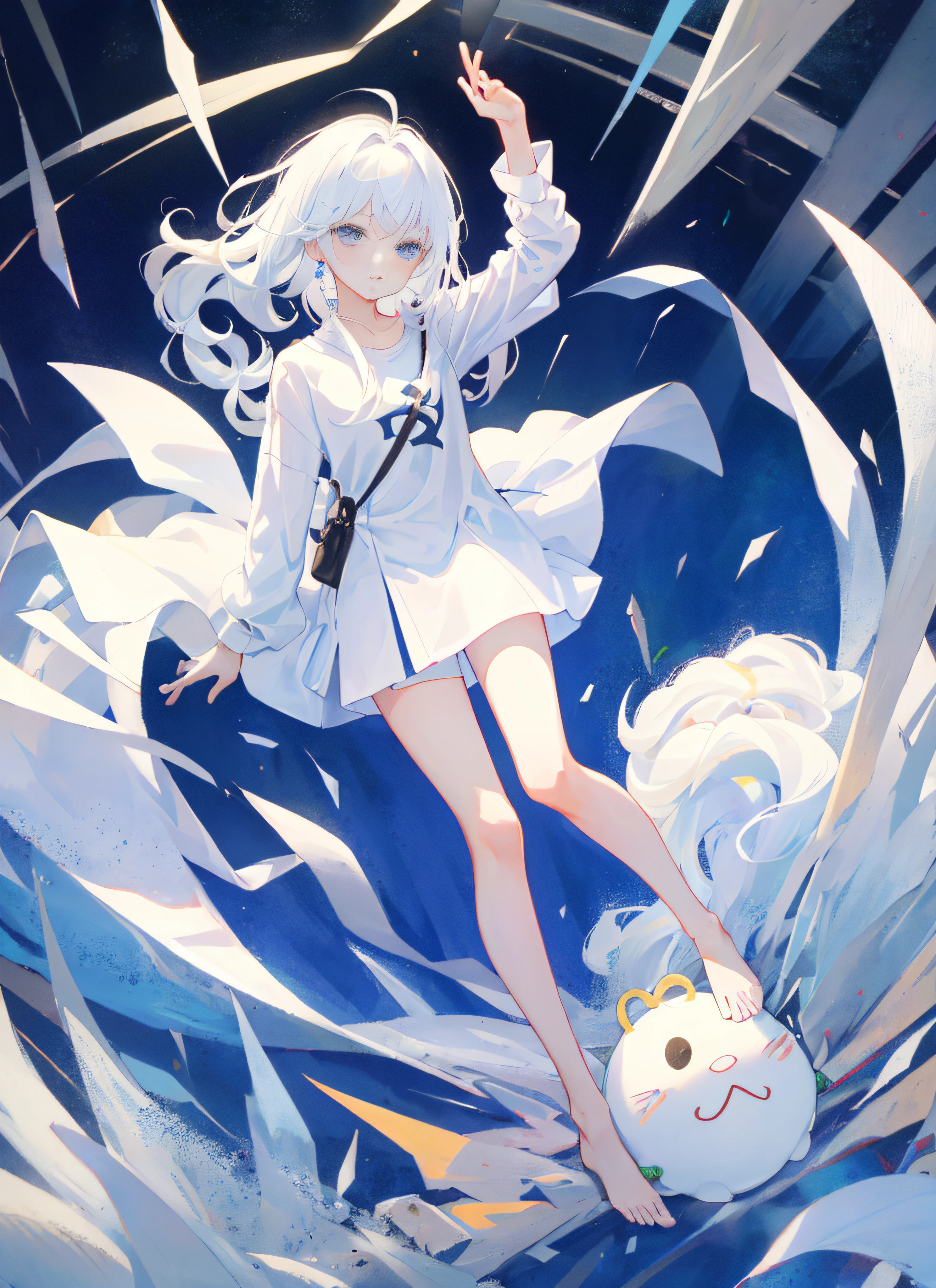 White hair, bare legs, white silk, white shirt