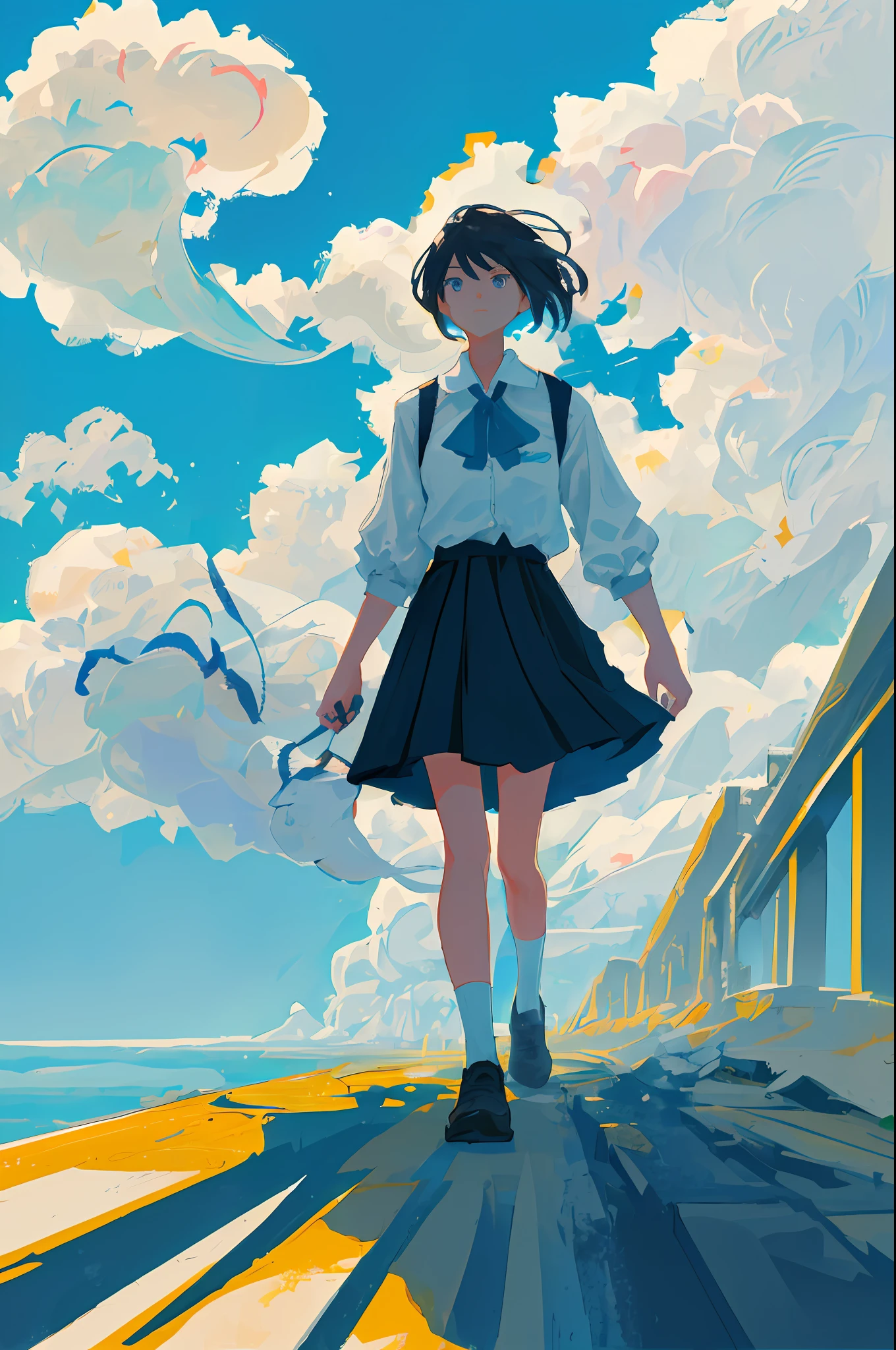 Girl Walking On Clouds Blue Sky