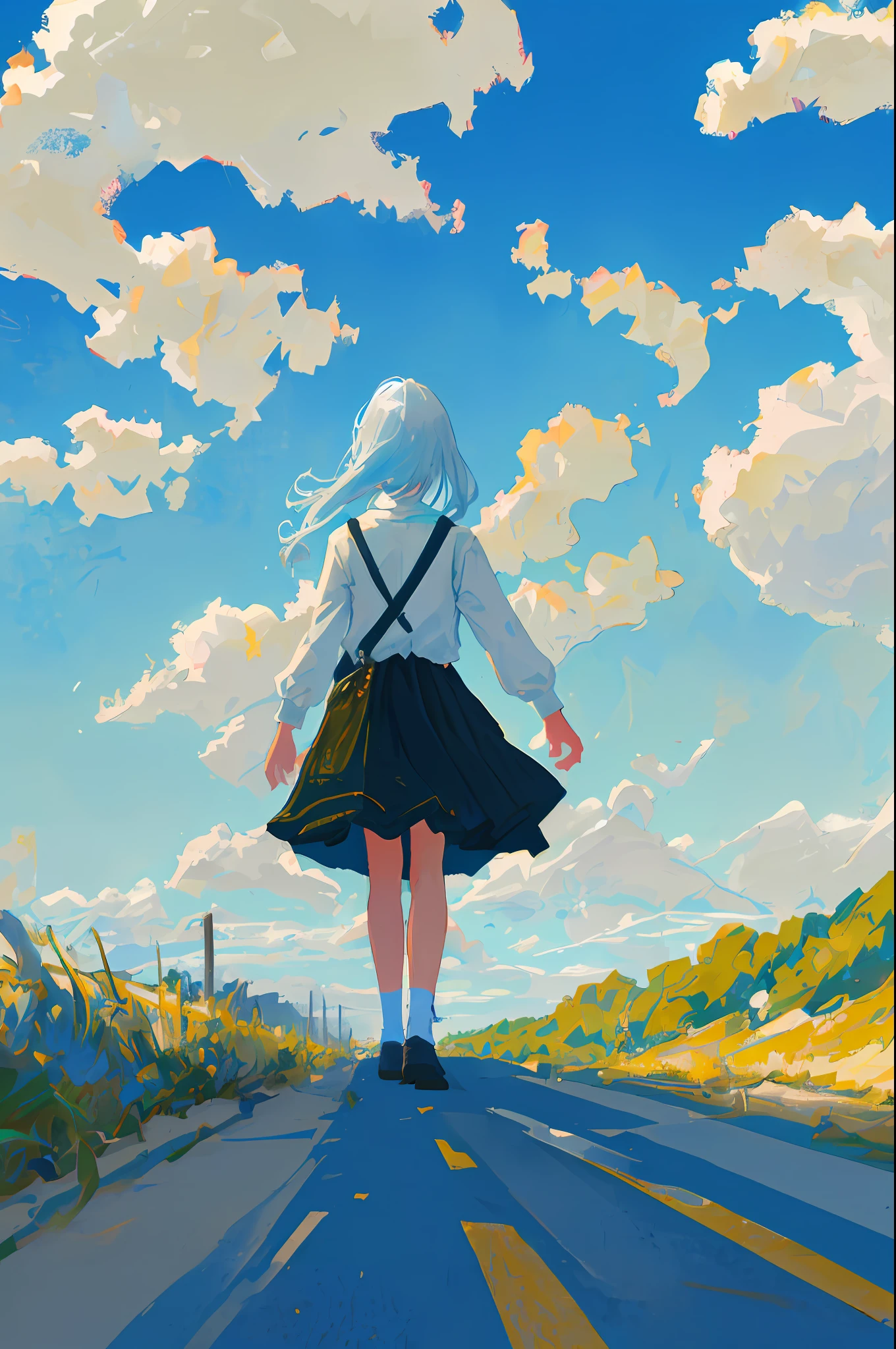 Girl Walking On Clouds Blue Sky