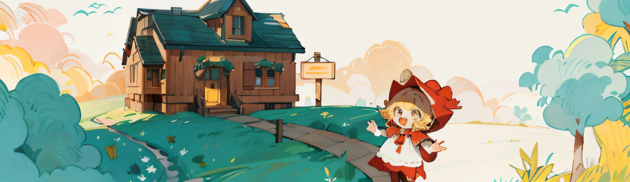 Little Red Riding Hood children's illustration, and mother wave goodbye, complete hands. Chalet and cute characters,,Storybook illustration,Kids illustration,Illustration,Storybook illustration,Color illustration,House and road,Parkway,Meadow,Sun,Full cartoon face,cute