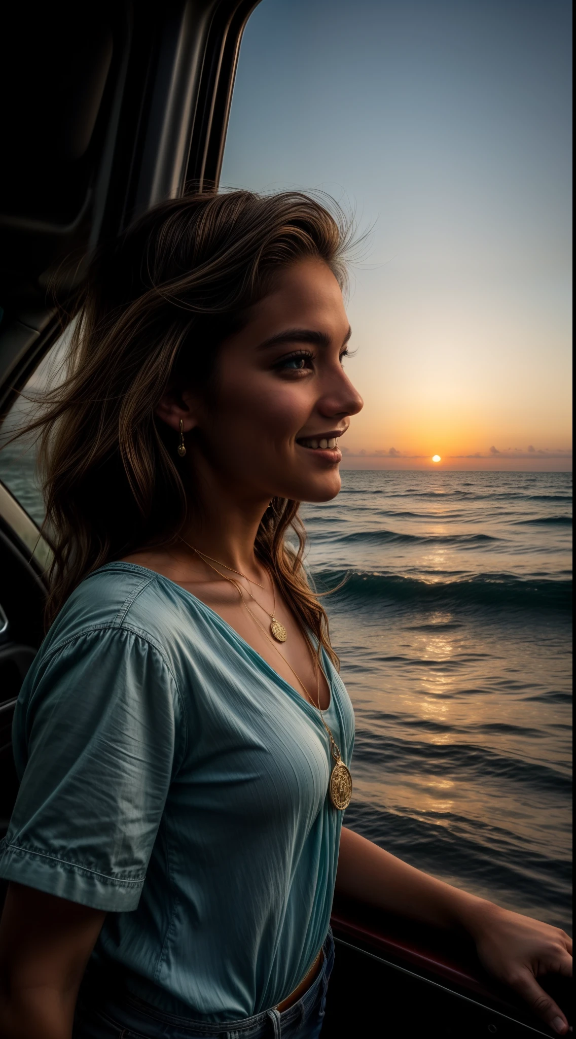 Once upon a time, in a small seaside town, lived an 18-year-old girl named Isabela. With dark, wavy hair that danced in the sea breeze, Isabela's eyes were blue, deep as the ocean, hiding countless mysteries. Her smile was radiant, illuminating each dark corner with a light that could only be described as hope.

She wore a light, white blouse that seemed to dance with her with every movement she made. Her worn-out jeans told stories of past adventures, stained with splashes of paint from when she used to capture the beautiful horizons only her gaze could see. Hanging around her neck, an old gold medallion - a family heirloom bearing the crest of the Dias, a family of famous fishermen in the region.

She stood on a cliff overlooking the sea, the wind blowing in her face, tracing every contour of her silhouette. The sun was setting, painting the sky with hues of pink, orange, and purple, reflecting on the ocean surface and in her eyes. She seemed to be part of the horizon, an ethereal figure unified with the scenery around her.

In the background, a small town rested, its lights starting to twinkle as the night approached. Isabela looked out over the horizon, her eyes full of dreams and determination. Her youth was not a barrier, but a driving force, ready to explore the unknown and embrace all that life had to offer.

The image of 18-year-old Isabela is an image of hope, of yet unrealized dreams, and of a bright future waiting to be discovered.