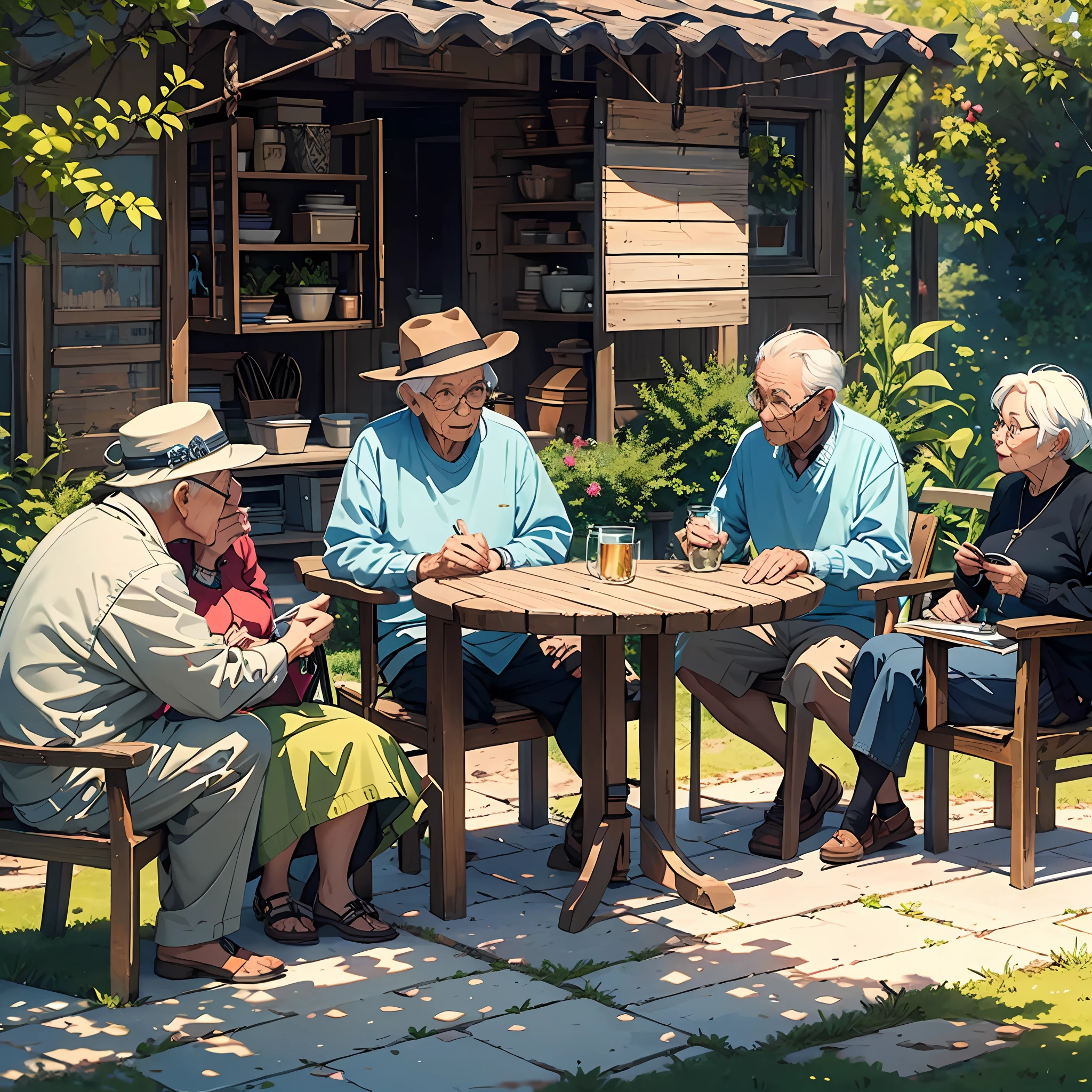 Village, a group of old people sitting in the yard chatting, masterpiece of best quality, 8k, very detailed, high quality, high resolution