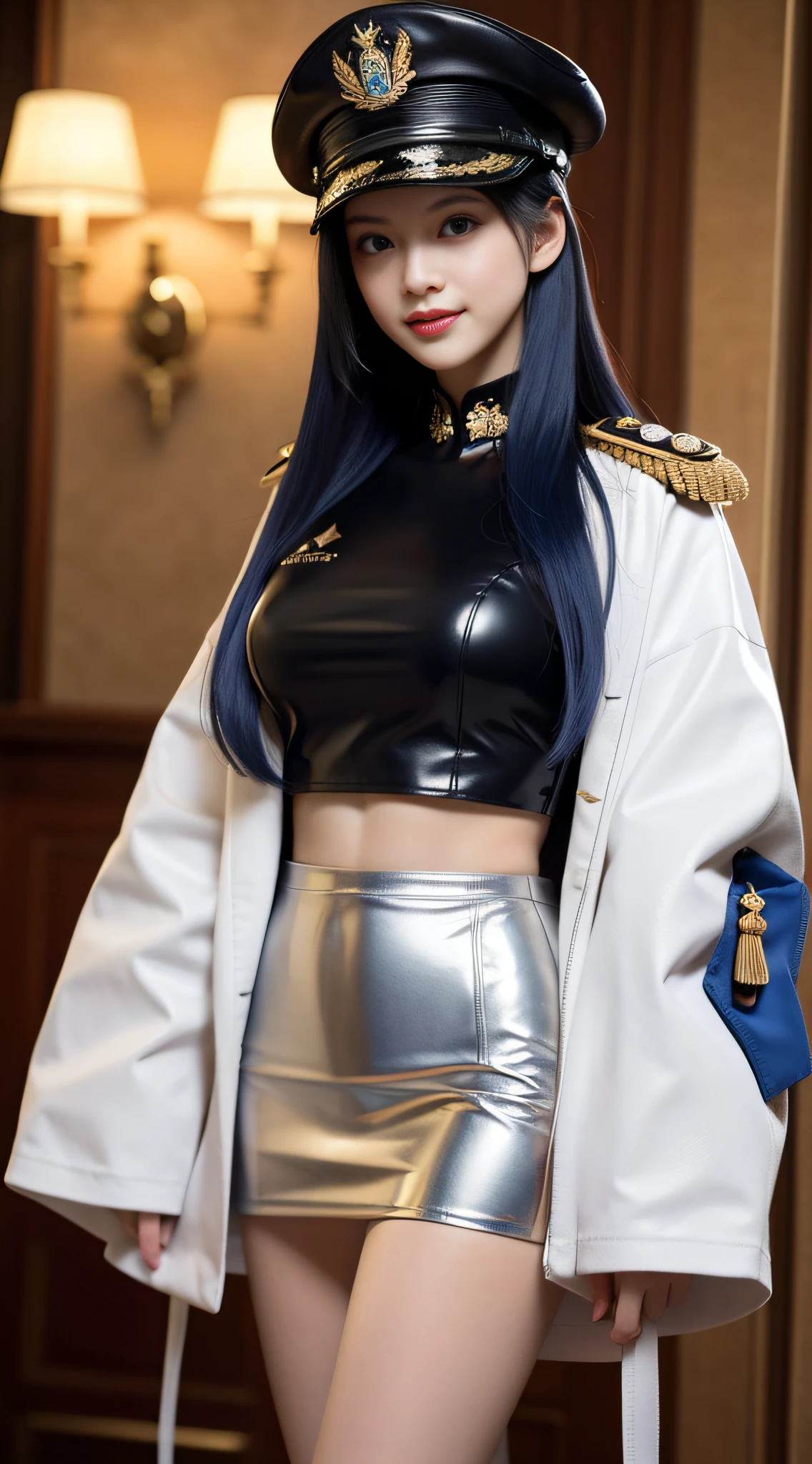 "Top CG, highest quality, smile, delicate and delicate beautiful girl, imperial pope, {{185cm big beauty}}, (tall), royal sister, military lady temperament, holy pope, fair skin, exposed chest, long legs, perfect facial features, bright eyes, officer hat, red lips, beautiful and cold, {{big breasts}}, beautiful and handsome, long blue hair, officer epaulettes, see-through visible skin, {{girl in red army coat}}, super detailed, { Blue lines on clothes}, delicate glowing eyes, crop top, white and blue leather clothing, tight leather clothing, 4K picture quality, urban beauty, modern urban, realistic portrait,