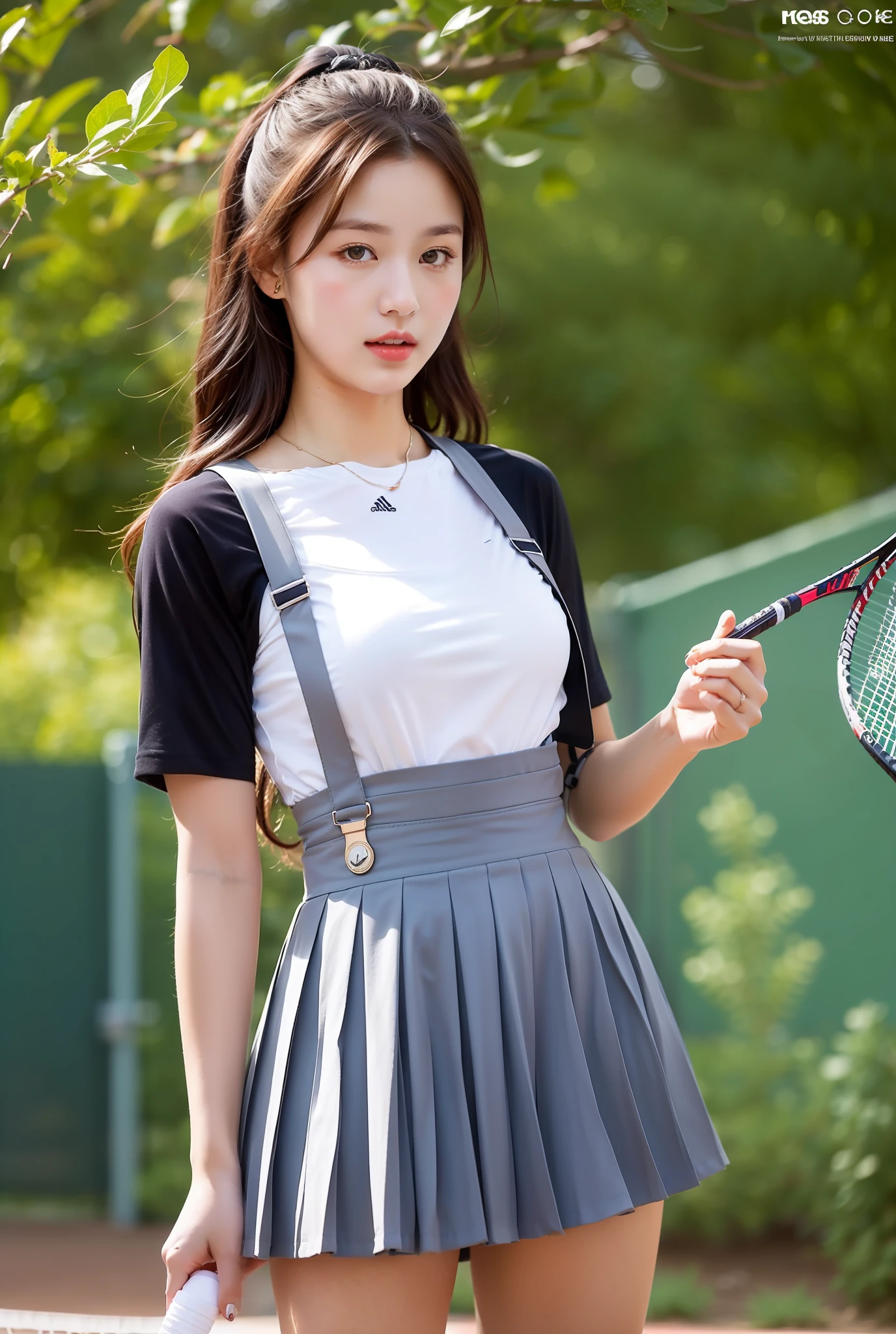 1 girl, 20 years old, ice cream in hand, summer, tennis court, tree-lined afternoon, wearing suspender sportswear, pleated skirt, big, sexy,