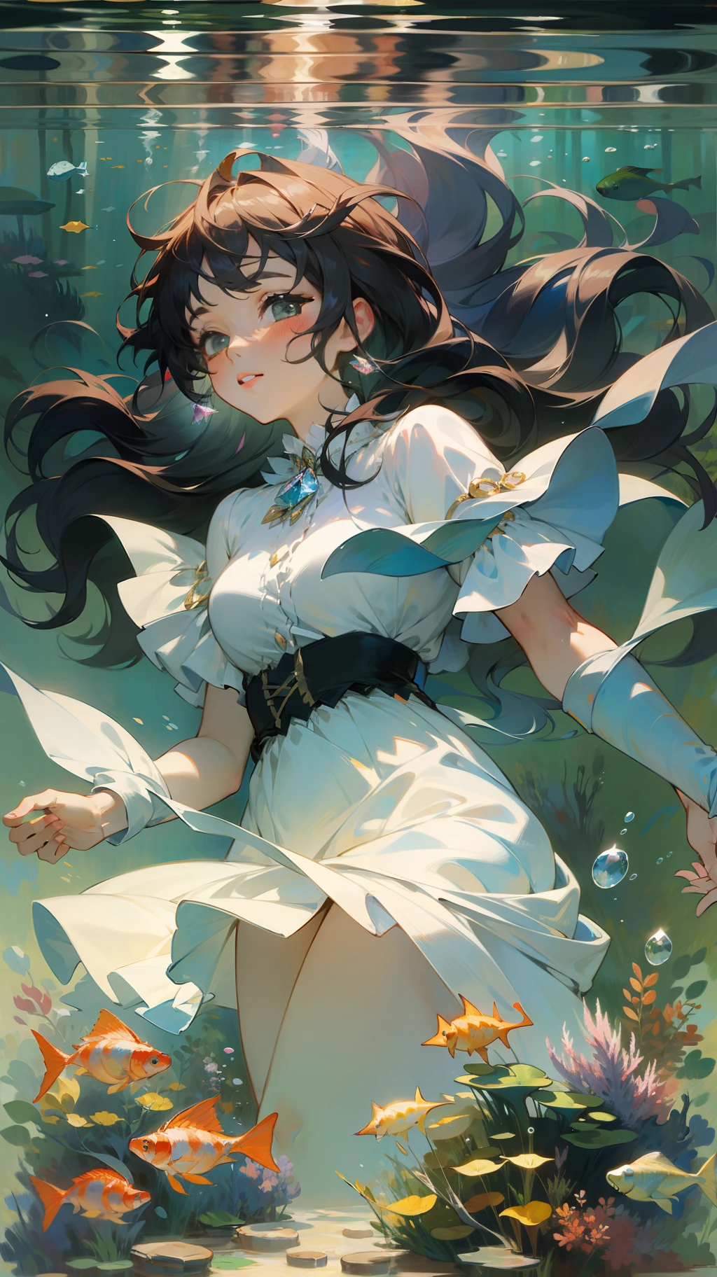 Goddess painted by Renoir and Claude Monet, underwater, mystical beauty, floating hair, crystal