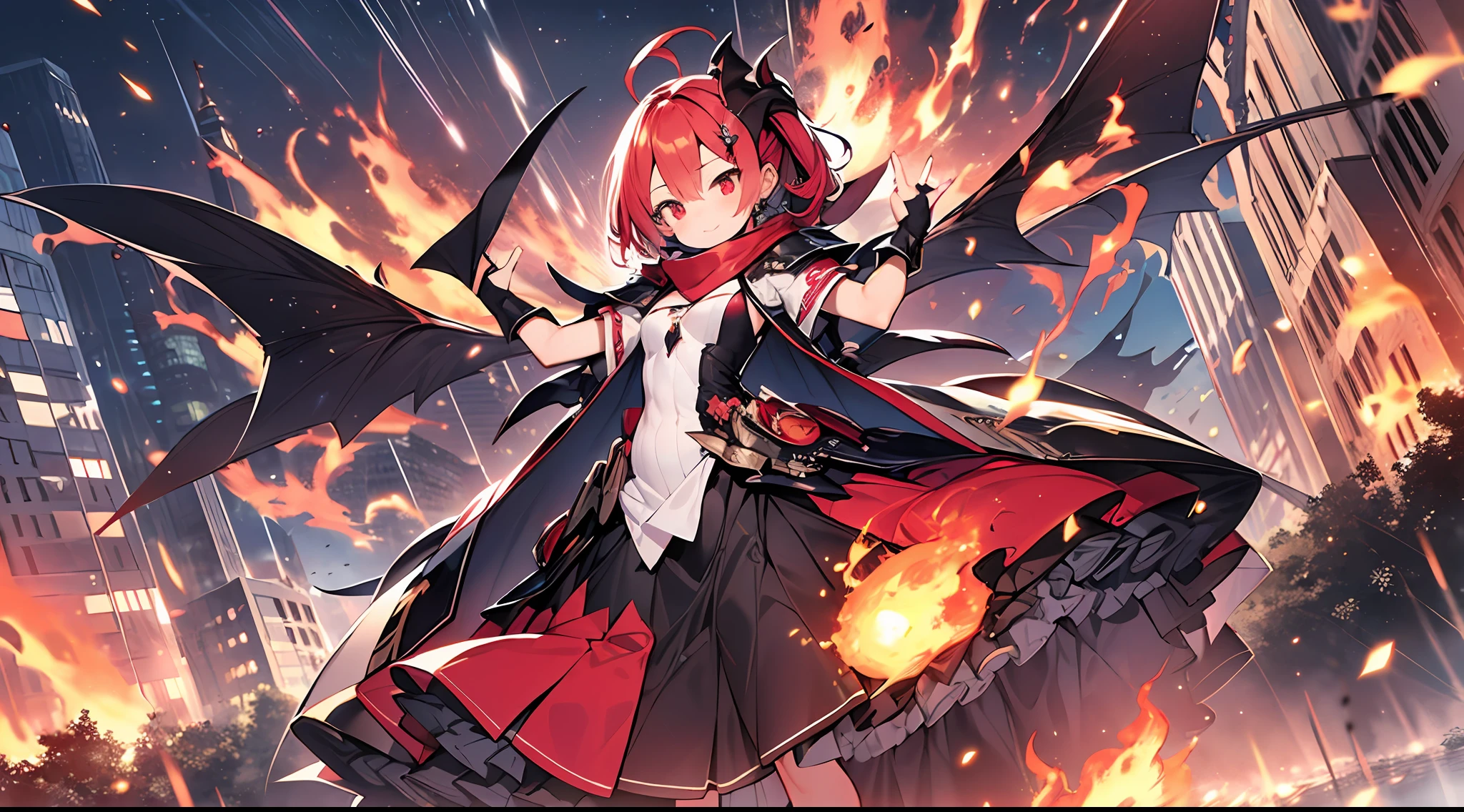 ,masterpiece, best quality, , {{{eroge,game cg,high quality game cg},{{{1girl}}},white dress,{{masterpiece}, {{best quality}, {{super detail}}, {{illustration}},petite,loli, ruffle, ruffled sleeves, 10 years old, ruffled skirt, red scarf, scarf, rider belt, black belt, bike suit, black bike suit, red skirt, red hair, red eyes, Fire, Fingerless Gloves, Neon Trim,Evil Smile, Ahoge, Antenna Hair, Short Hair,Small Breasts, Side Ponytail,, Ruffled Sleeves, Red Gloves,, Utility Belt, Ruffled Dress, Red Hair, One Leg Armor, {{ABS}}, Two Tone Hair, Shiny Hair, Jewelry, bat_ Wings, demon_ Girl, Devil,, Fire, Explosion, Dianamic Angle, Expression of determination, night cityscape, huge fireball engulfed in flames, raising arms, palm flames, fierce battle fire, flames, night city, determination.