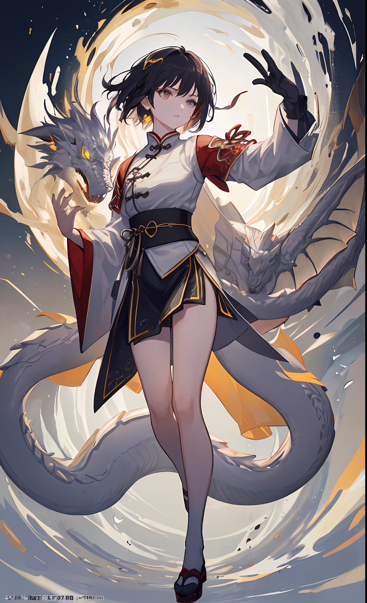 a girl, ancient chinese clothing, full body, sunlight, clear face, clean white background, masterpiece, super detail, epic composition, ultra hd, high quality, extremely detailed, official art, uniform 8k wallpaper, super detail, 32k, short hair, serious, sabre, sachet, white dragon, rainbow