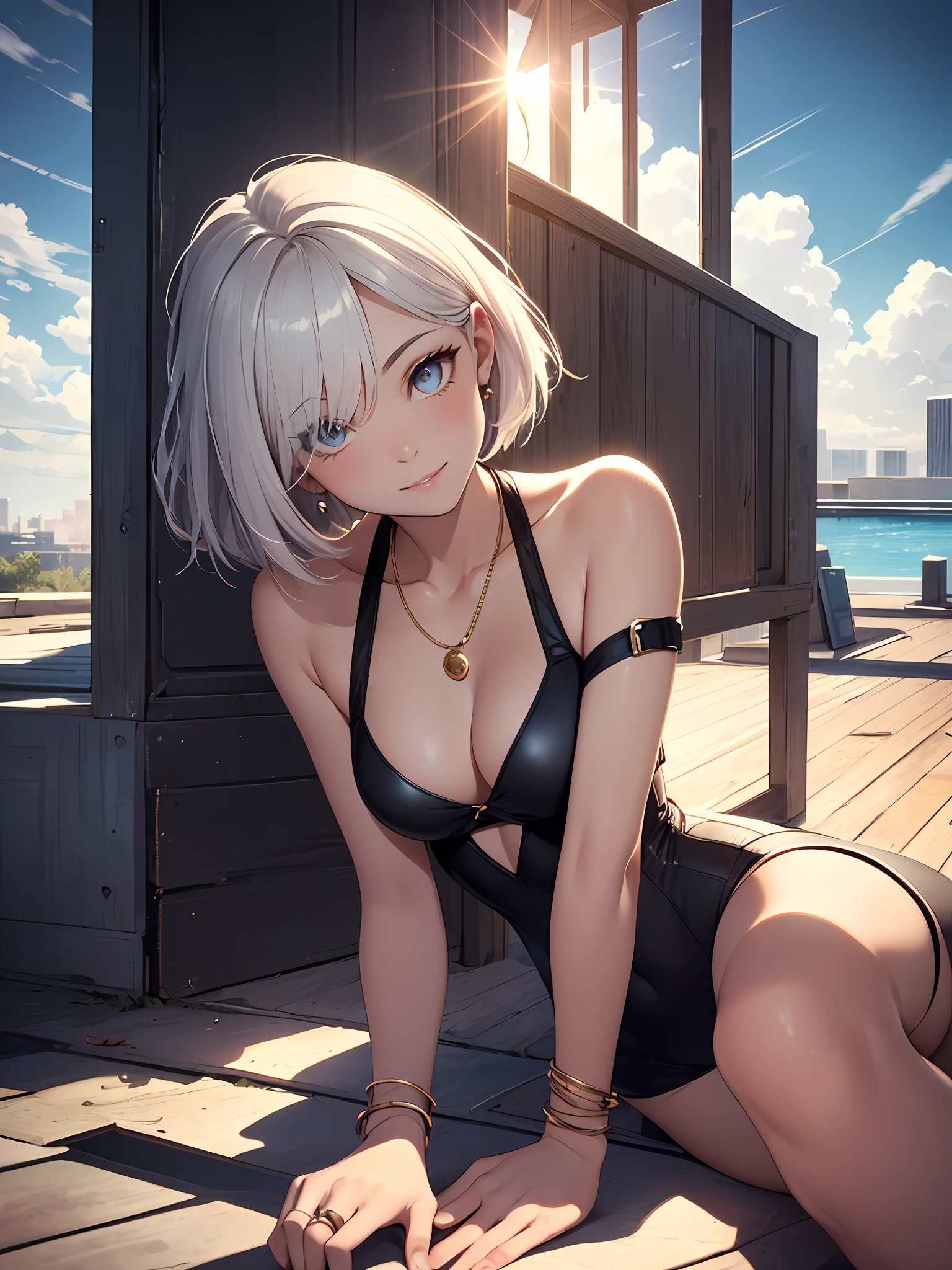 (masterpiece, best quality), (finely detailed beautiful eyes), (finely detailed eyes and detailed face), (scenery), (extremely detailed CG, ultra-detailed, best shadow), ((depth of field)), beautiful concept illustration, (illustration), (extremely fine and beautiful), (perfect details), cowboy shot, young girl, swimsuit, smile, happy, Mode Girl, Cool and sophisticated hairstyle, Bob cut, short hair, medium hair, Simple styling, sharp lines, Natural and elegant makeup, To make the skin shine and bring out a sense of transparency, Simple eye makeup, mascara, Lips are subdued or colors, Minimalism, monotone, simple color palettes, Clean, sharp designs, flowing silhouettes, asymmetrical, geometric, Elegant and luxurious materials and designs, Simple, minimal accessories, Slim necklaces and rings in silver or gold, Simple bangles, Distinctive designs, simple silhouettes, chic and mature impression, simple and sophisticated style, elegance, minimalism, high quality materials, cool and urban impression, high fashion, simplicity and sophistication, beautiful sky, cloud, sun, sun light, sitting, knees up, summer, Summer Pool Party, lens flare, shining, aureole,