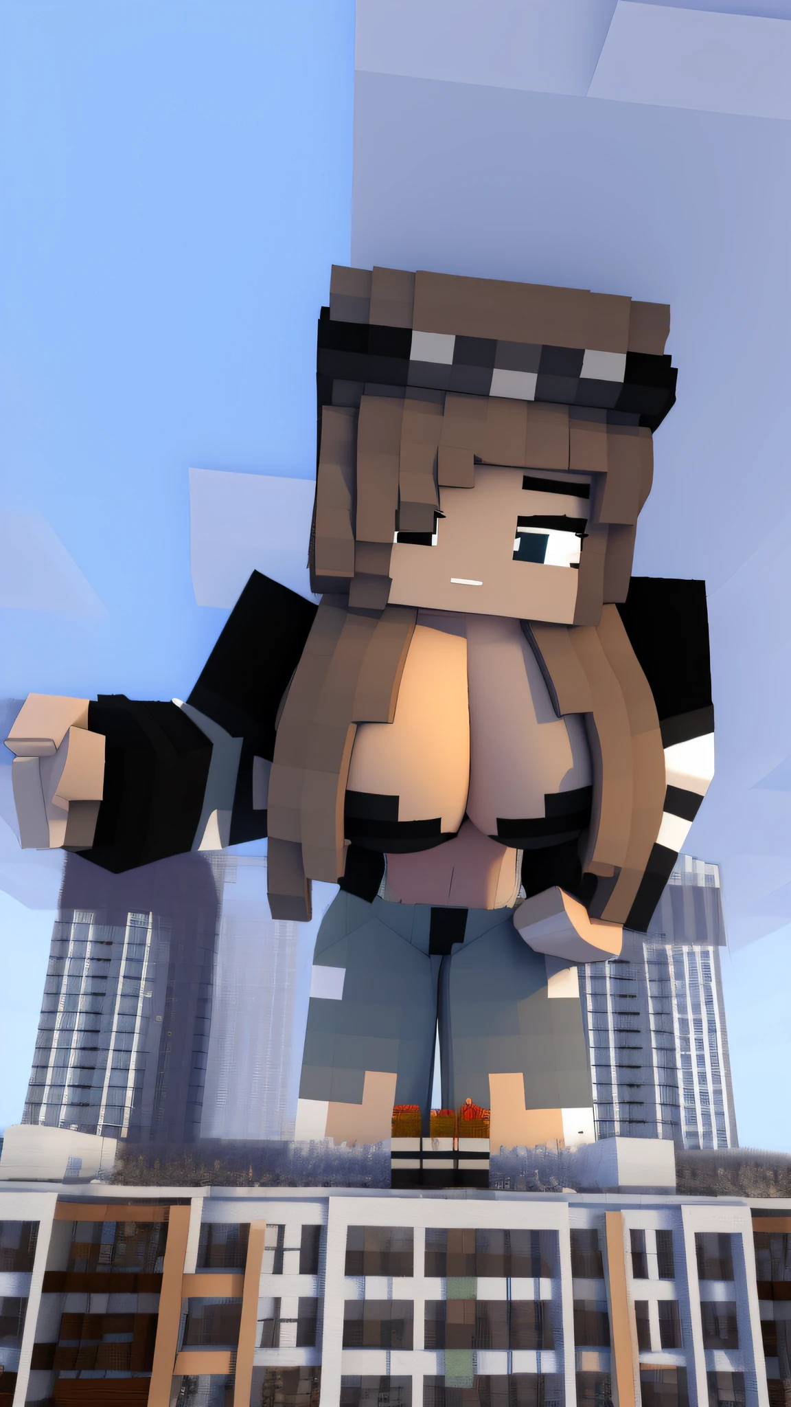 muscular, there is a large pixel figure of a girl in a city, 4 k octan render, tanny skin, stylized anime, giantess, anime styled 3d, macro giantess, animation style render, by :5 sexy: 7, in style of minecraft, style of minecraft, cartoony shaders, ( ( ( ( 3 d render ) ) ) ), large breasts, lego girl, showing cleavage, large breasts, bursting breasts, buff, big muscles, thick arms, big biceps, big deltoids, big trapezius, abs, obliques, midriff, thick thighs, muscular/strong legs/thighs, muscular/strong calves