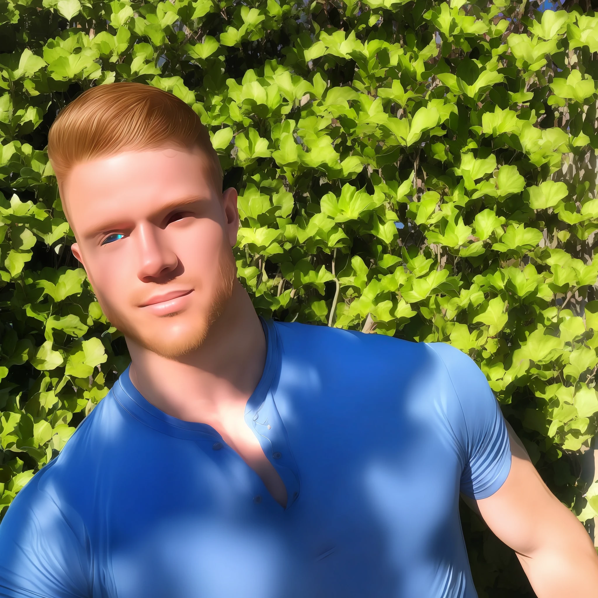 a bright white skinned ginger man with with blue eyes wearing a shirt is standing in front of a wall with a tree shadow