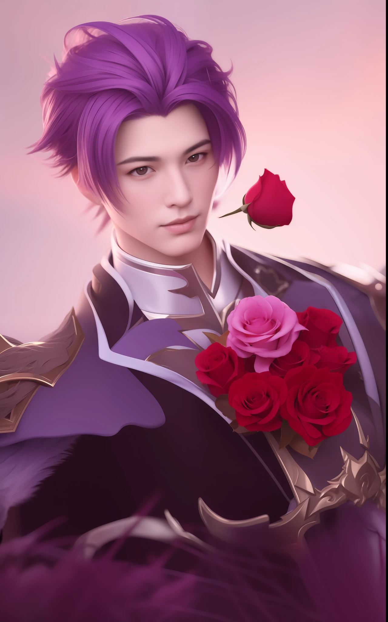 a close up of a person with purple hair and a red rose, sakimichan frank franzzeta, by Ren Renfa, heise jinyao, sakimichan, style of kieran yanner, beautiful androgynous prince, sylas, delicate androgynous prince, range murata and artgerm, style league of legends