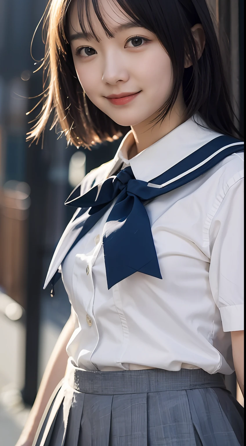 Highly detailed 8k wallpaper), sharp focus, detailed, dramatic, delicate and beautiful schoolgirl, white shirt, navy blue ribbon collar, dark blue pleated micro mini, sexy, smile, peek at the viewer, graphics beautiful, bright school building, full of students, show your whole body, white socks,