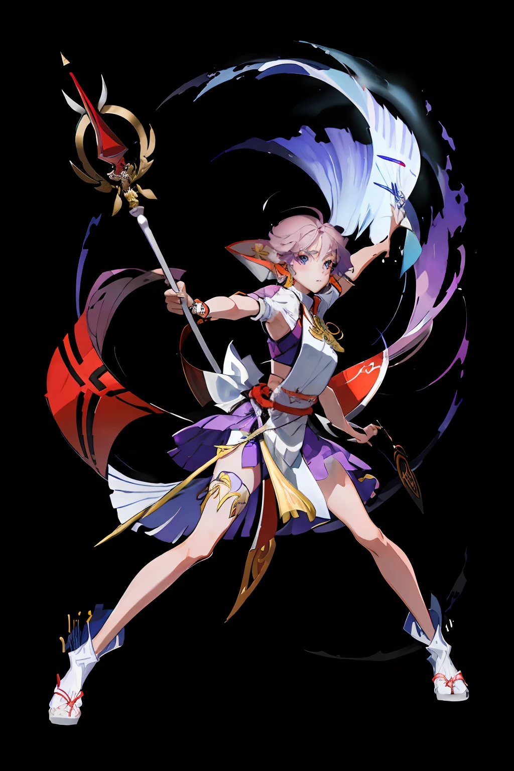 1girl, full body, solo, purple hair, purple eyes, cute, kawaii BREAK
miko, holding polearm, fighting stance, black background BREAK