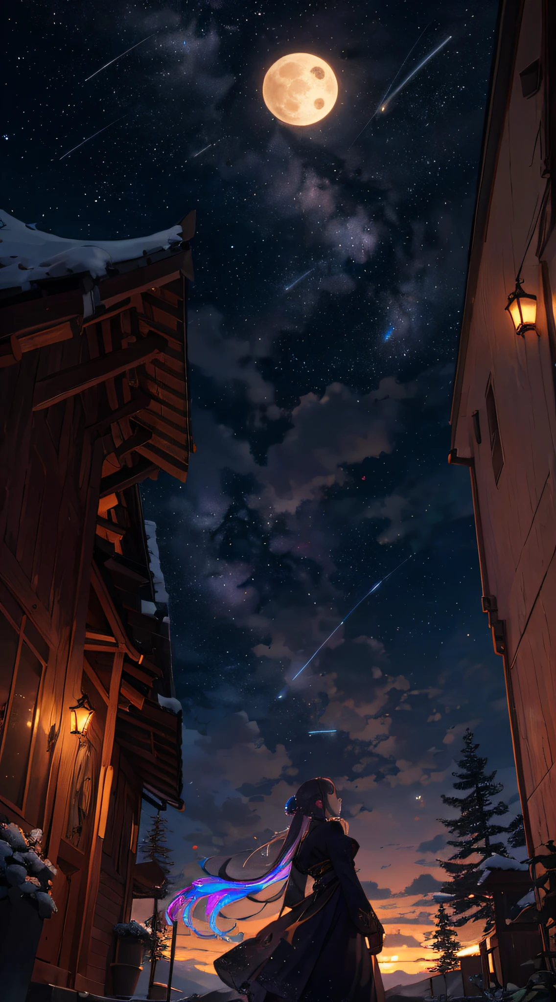 Expansive landscape photograph, (view from below with a view of the sky and wilderness below), little girl standing in a flower field looking up, (full moon: 1.2), (shooting star: 0.9), (nebula: 1.3), distant mountain, tree break production art, (warm light source: 1.2), (firefly: 1.2), lamp, purple and orange, intricate detail, volume lighting, realism break (masterpiece: 1.2) (Best Quality), 4K, Ultra-Detailed, (Dynamic Configuration: 1.4), Highly Detailed and Colorful Details, (Iridescent Colors: 1.2), (Glowing Lighting, Atmospheric Lighting), Dreamy, Magical, (Solo: 1.2)