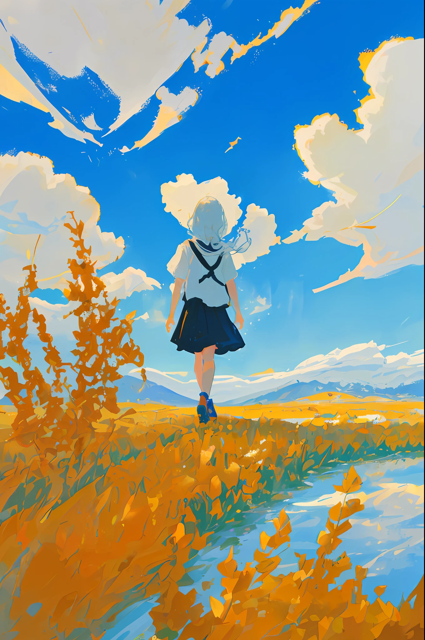Above the sky Above the clouds Walking girl Blue sky spreads Cat at the feet of a girl