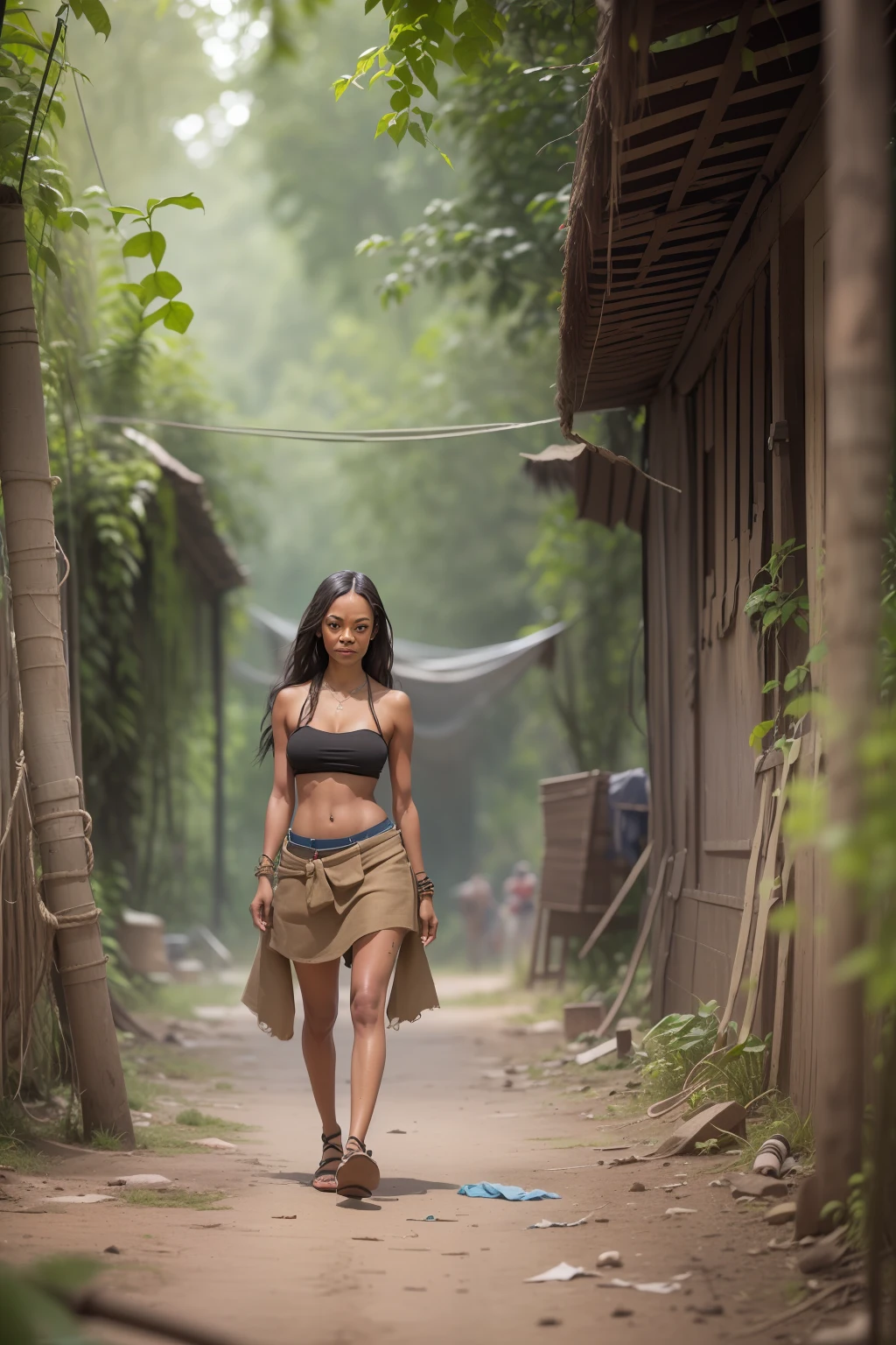 (((Zoe Saldana))), (stands alone far away in the jungle), (small head), (((her clothes are only made of jute fabric)), ((dirty tube top made of jute fabric)), ((dirty skirt made of jute fabric)), (photorealistic), (ray tracing), (cinema lighting), (sharp focus), natural and realistic skin textures, ((big round breasts)), ((disheveled hair)), small ropes as bracelets, small ropes as leg jewelry, her skin is dirty, (dirty skin), (dirty clothes), ((perspective from about 100 meters))