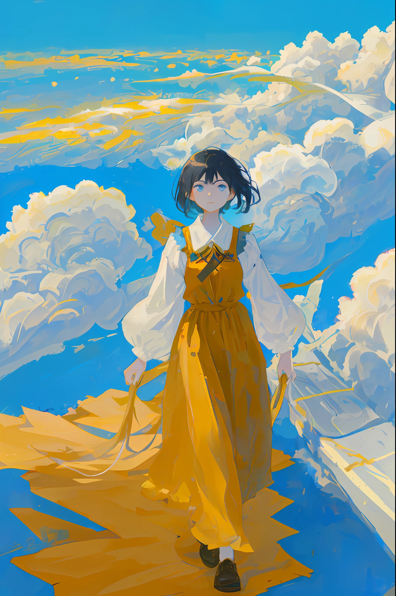 Above the sky Above the clouds Walking girl Blue sky spreads Cat at the feet of a girl