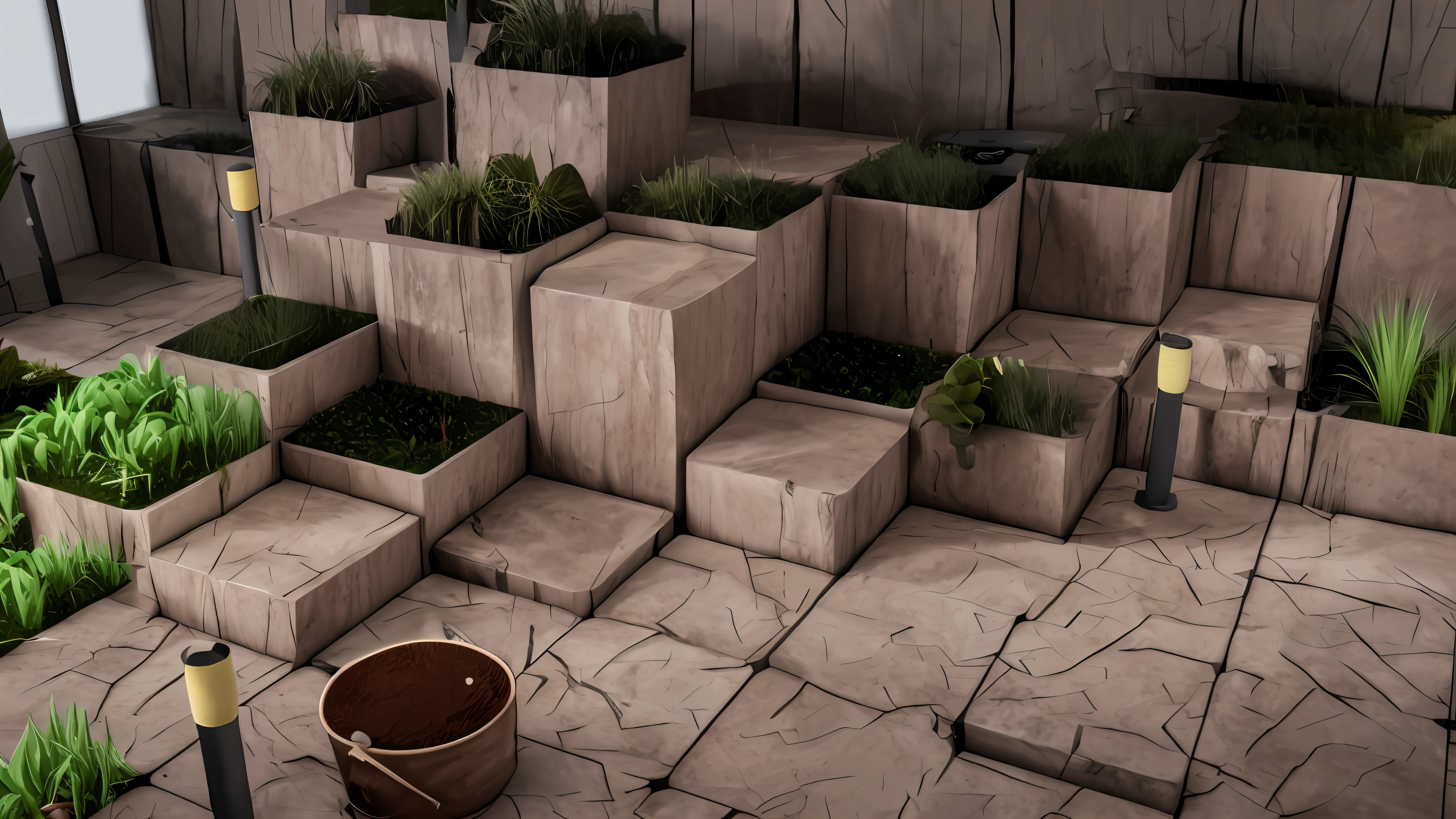 there are many plants growing in a bucket on the ground, beautiful 3 d concept art, natural realistic render, render in vray, path tracing render, daily render, beautiful 3d render, render vray, physically based render, gorgeous 3d render, high quality 3 d render, high quality 3d render, unreal engine hd render, highly detailed texture render