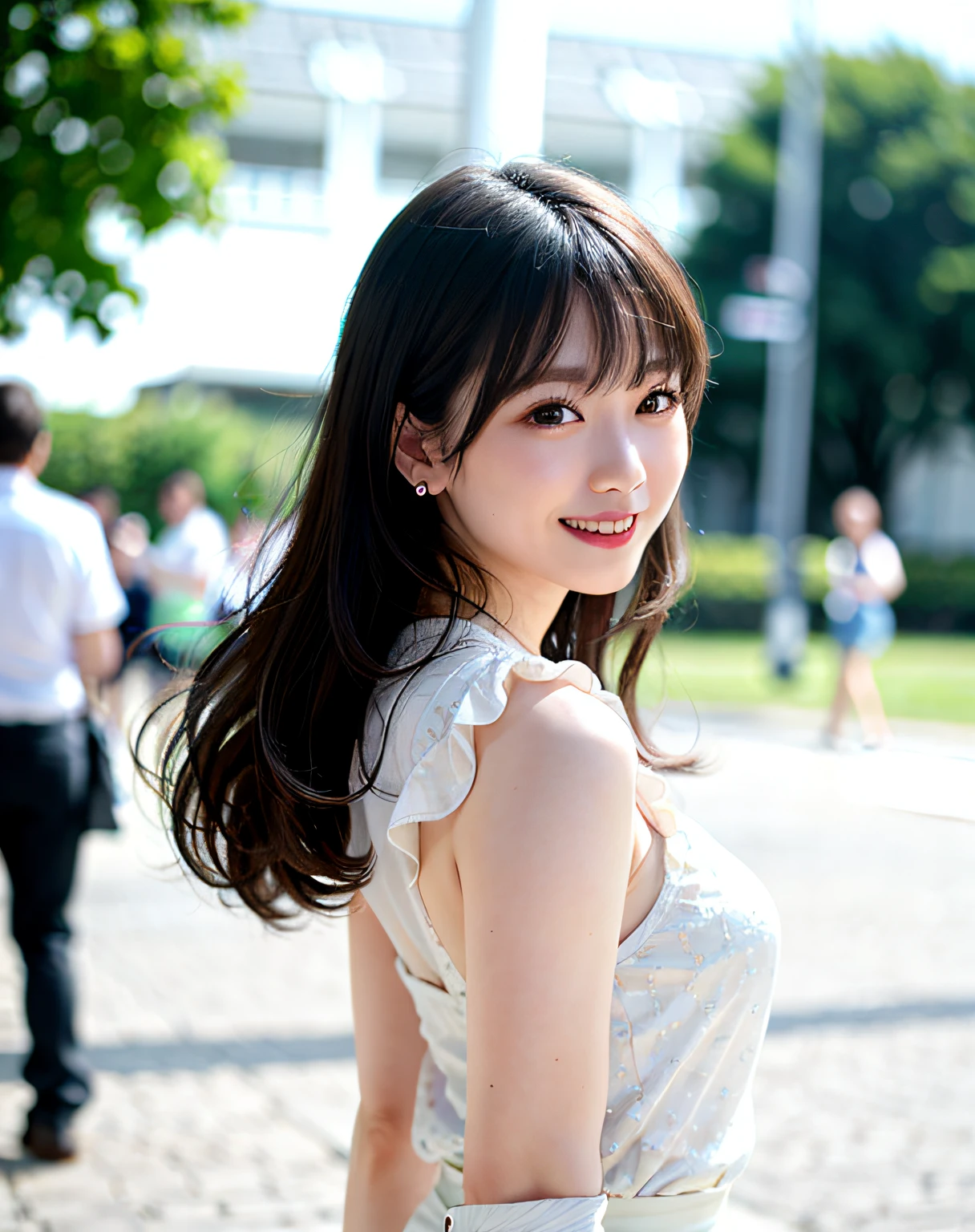 Looking back at the woman, top quality, one girl, big breasts, sun, bright, blurred background, bokeh, outdoor, (street: 0.8), (people, crowd: 1), dress (cropped with lace): 1.5, sleeveless, white clothes, mini t-shirt, hot pants, gorgeous (semi-long hair, curly hair, forehead: 1.2), beautiful sky in detail, earrings, ( Dynamic Pose: 1.2), (Upper Body: 0.8), Soft Lighting, Wind, Glossy Skin, Smile,