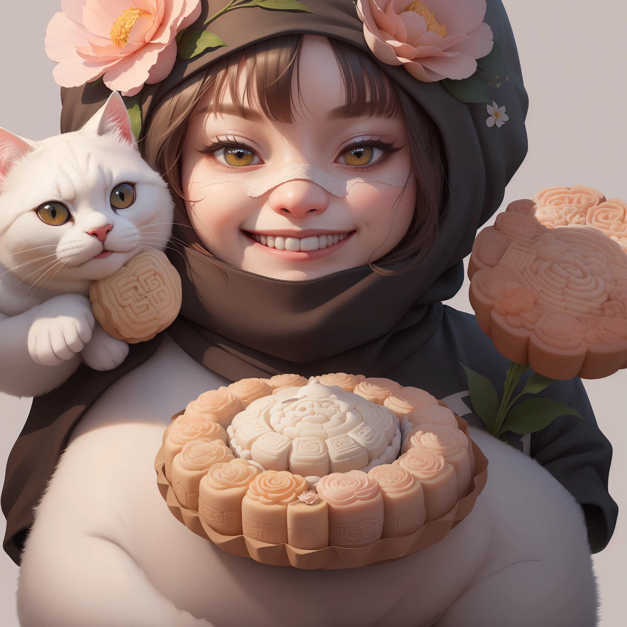 (masterpiece),(best quality),(ultra-detailed), digital painting, illustration, ((portrait)), pastel colours, bloom,
(no humans), (simple background:1.4), (clean background:1.4), (blurry background:1.3),
A (fat white cat) wearing a (A balaclava filled with flowers:1.5) and (holding a huge Chinese mooncake:1.3), (grin:1.2),