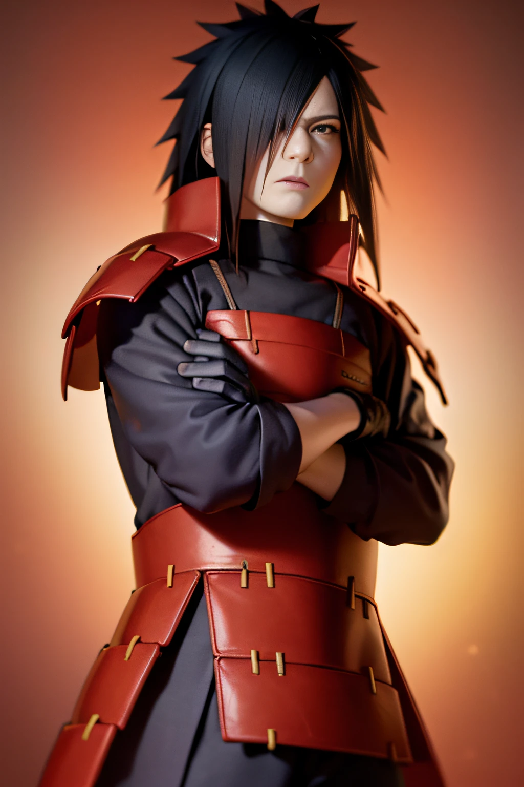 (masterpiece, best quality:1.2), red background, cowboy shot, solo, male focus, 1boy, uchiha madara, expressionless, looking at viewer, crossed arms, long hair, hair over one eye, japanese armor, black gloves