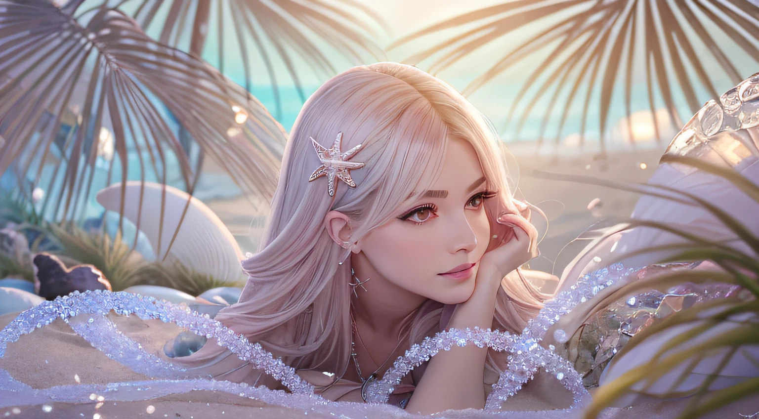 CG rendering of many beautiful pale pink large shells and pale colored conchs on the beach with rings of shimmering rosettes crystal clear as glass. Transparent color colorful stone, transparent, glittering, snow-white beach, blue sea, pearl, super detail, slender woman, woman with long hair, light effect, illuminate fairyland romance, Thomas Kinkade, ultra wide angle, distant view, fantasy, 8K HD wallpaper: 1 photo, beautiful woman, depth of field HD 16k, jewel-like glow, cute woman,