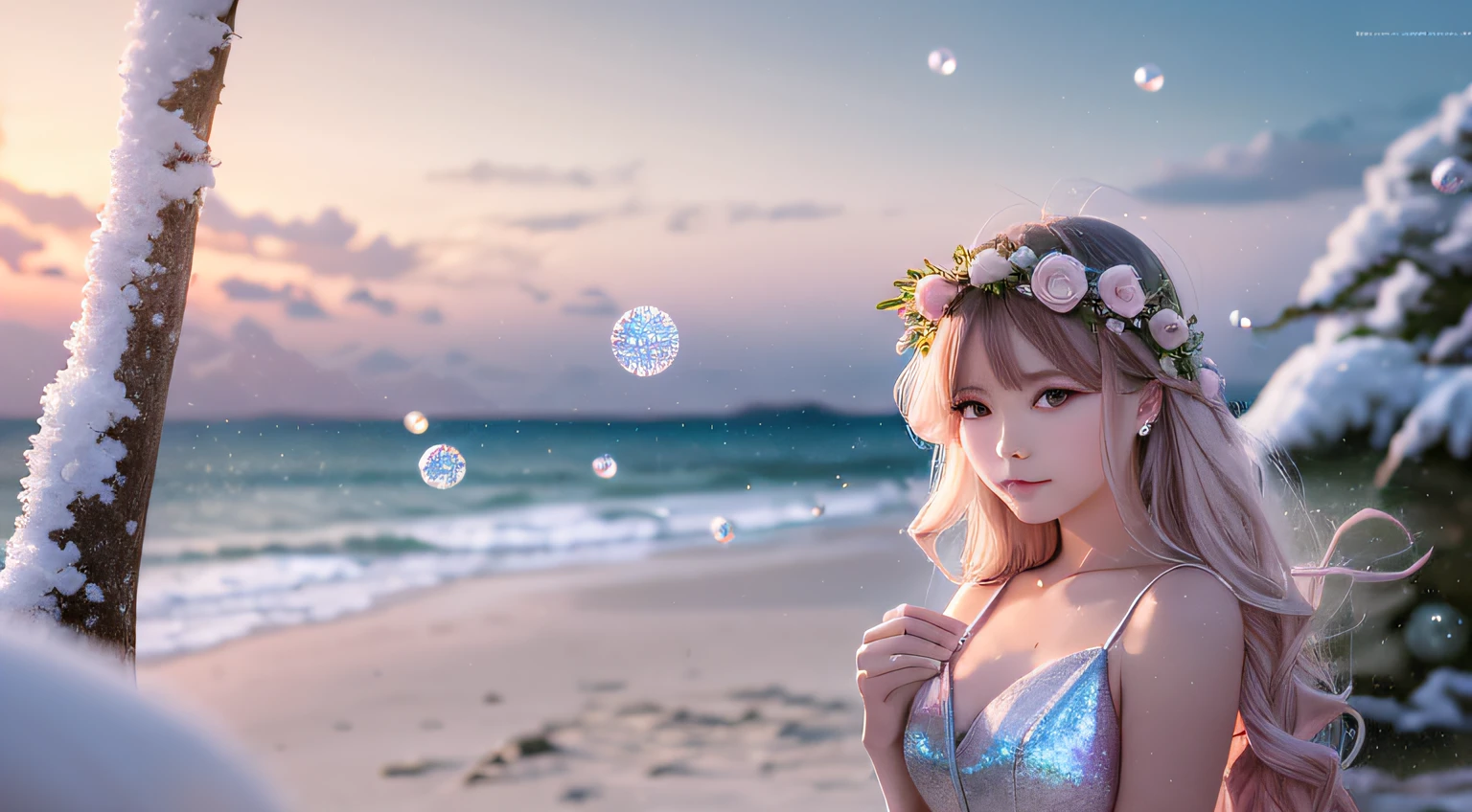 CG rendering of many beautiful pale pink large shells and pale colored conchs on the beach with rings of shimmering rosettes crystal clear as glass. Transparent color colorful stone, transparent, glittering, snow-white beach, blue sea, pearl, super detail, slender woman, woman with long hair, light effect, illuminate fairyland romance, Thomas Kinkade, ultra wide angle, distant view, fantasy, 8K HD wallpaper: 1 photo, beautiful woman, depth of field HD 16k, jewel-like glow, cute woman,