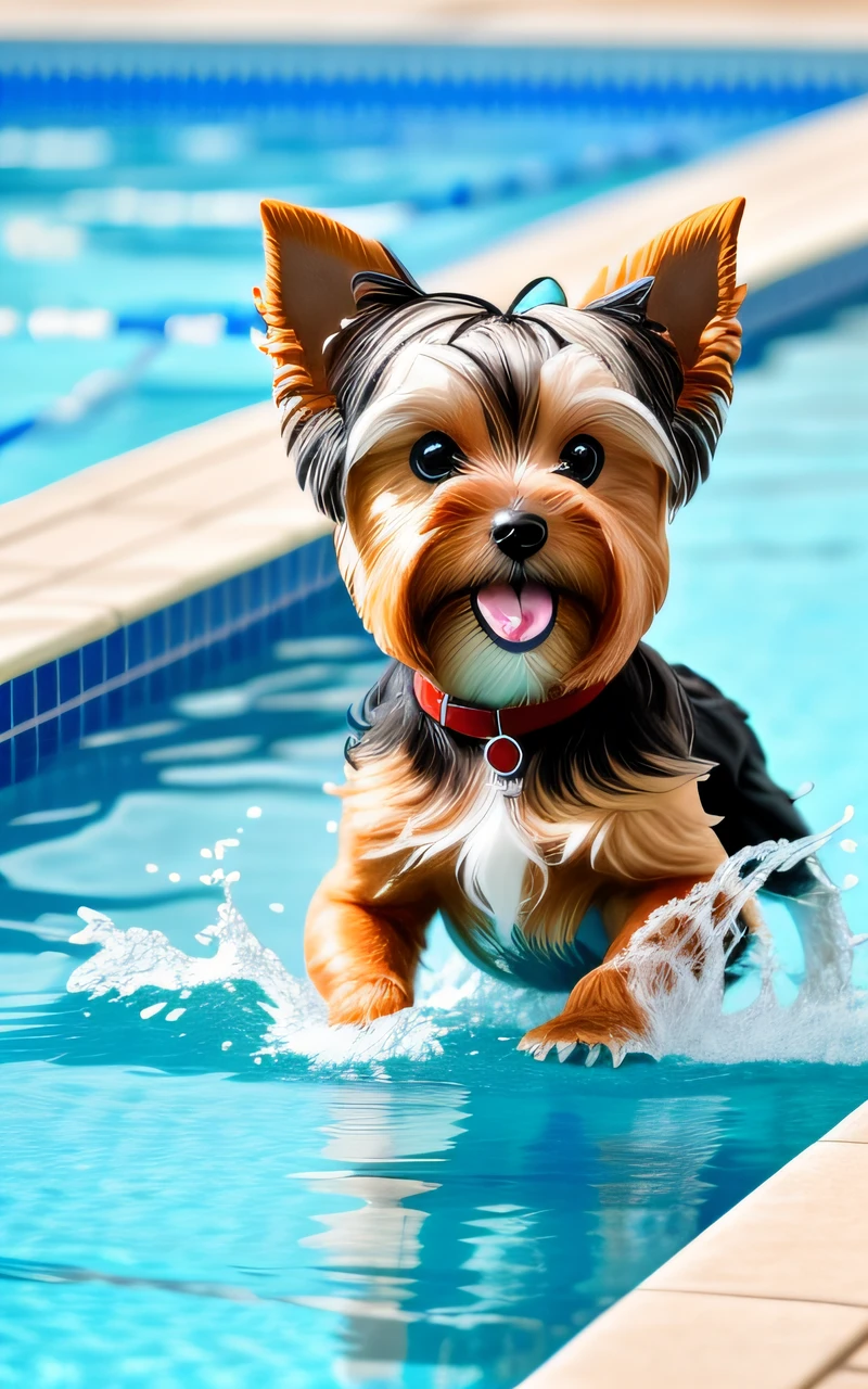 hyper Quality,Cute two Yorkshire Terrier puppies,different body colors,swimming in the pool,smile,black eyes,barking,narrow eyes,smile,eos r3 28mm --auto