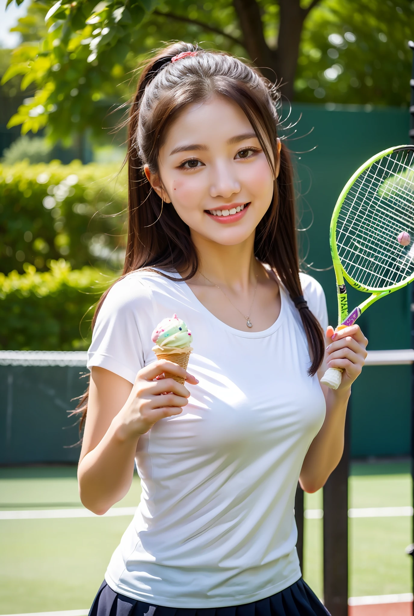 1 girl, 20 years old, ice cream in hand, summer, tennis court, tree-lined afternoon,
