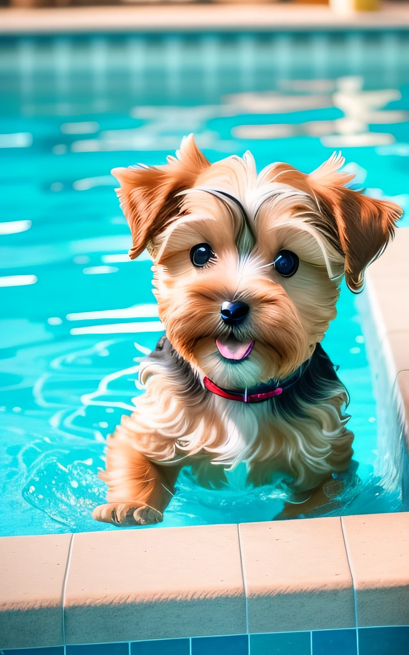 hyper Quality,Cute two Yorkshire Terrier puppies,different body colors,swimming in the pool,smile,black eyes,barking,narrow eyes,smile,eos r3 28mm --auto