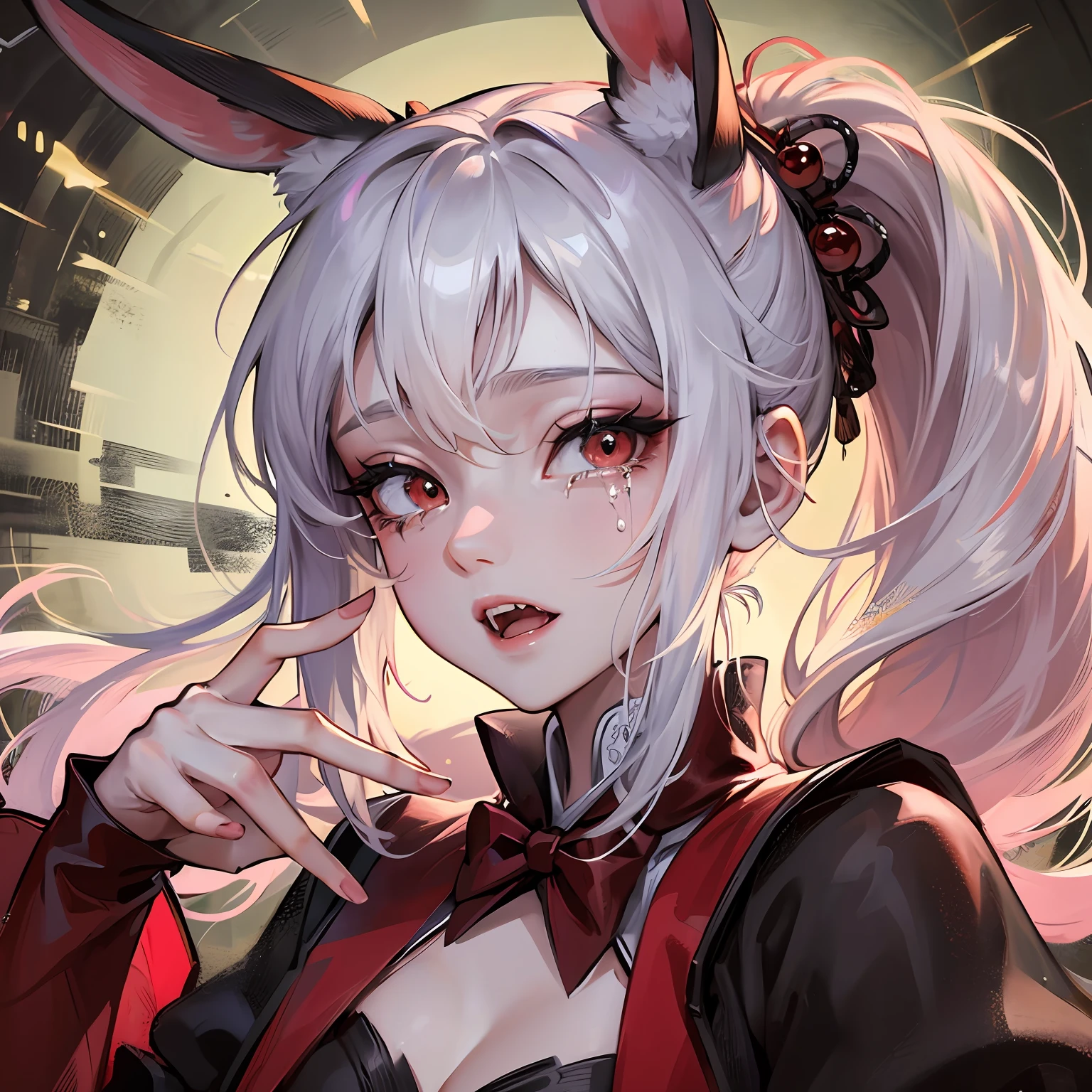 Best Quality, Superb Picture Quality, 8K, Masterpiece: 1.2, Ultra Detailed, Beautiful Figure Painting, Vampire, Red Fangs, Pink Hanfu, Rabbit Ears, Crying, (Fear) Finger Portrait Extremely Detailed, Upper Body Close-up, Vampire, Epic Exquisite Character Art, Art Source Douluo Continent Little Dance, Ultra Detailed Clothes Details, Faint Red Eyes, 6 Year Old Little Girl