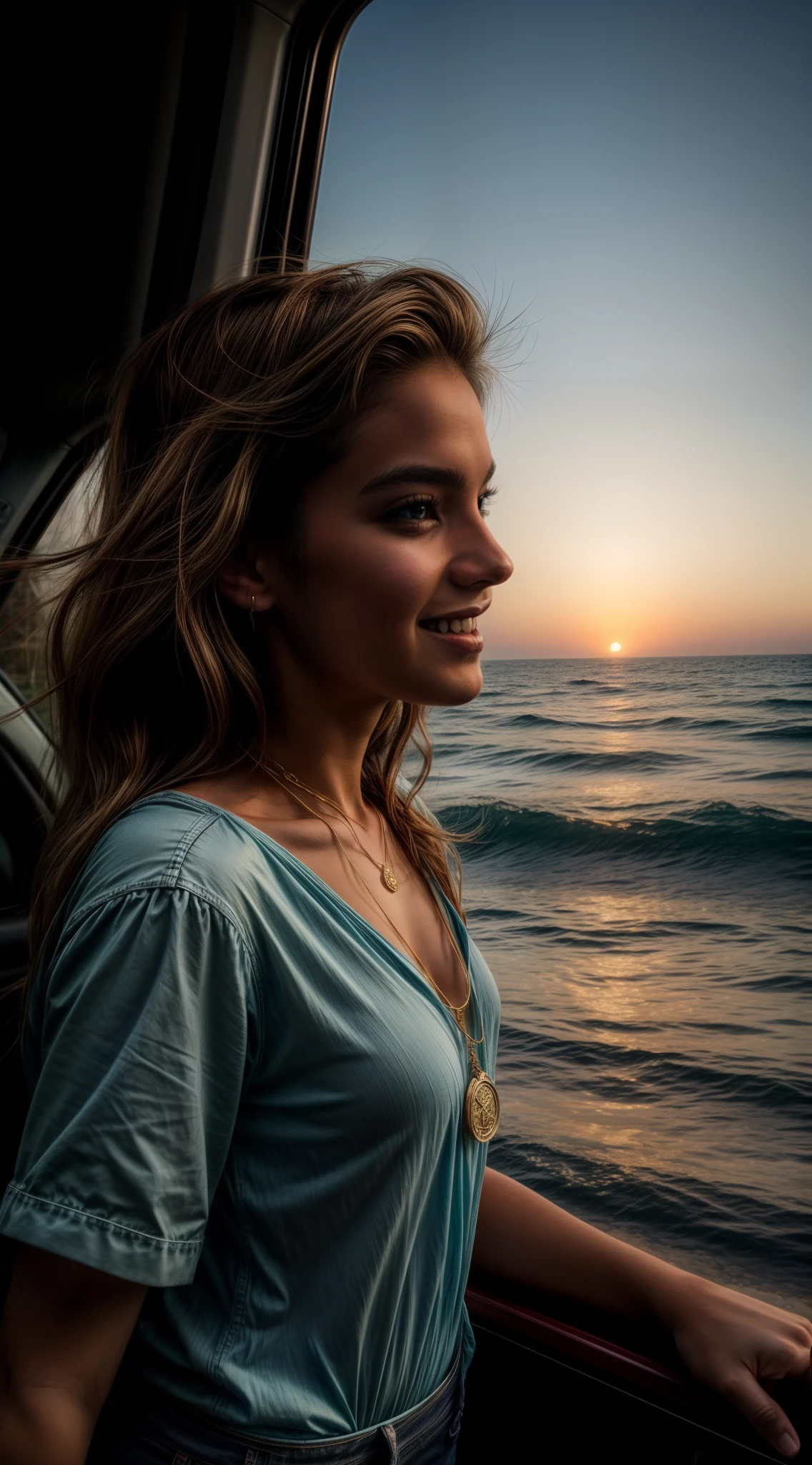 Once upon a time, in a small seaside town, lived an 18-year-old girl named Isabela. With dark, wavy hair that danced in the sea breeze, Isabela's eyes were blue, deep as the ocean, hiding countless mysteries. Her smile was radiant, illuminating each dark corner with a light that could only be described as hope.
She wore a light, white blouse that seemed to dance with her with every movement she made. Her worn-out jeans told stories of past adventures, stained with splashes of paint from when she used to capture the beautiful horizons only her gaze could see. Hanging around her neck, an old gold medallion - a family heirloom bearing the crest of the Dias, a family of famous fishermen in the region.
She stood on a cliff overlooking the sea, the wind blowing in her face, tracing every contour of her silhouette. The sun was setting, painting the sky with hues of pink, orange, and purple, reflecting on the ocean surface and in her eyes. She seemed to be part of the horizon, an ethereal figure unified with the scenery around her.
In the background, a small town rested, its lights starting to twinkle as the night approached. Isabela looked out over the horizon, her eyes full of dreams and determination. Her youth was not a barrier, but a driving force, ready to explore the unknown and embrace all that life had to offer.
The image of 18-year-old Isabela is an image of hope, of yet unrealized dreams, and of a bright future waiting to be discovered.