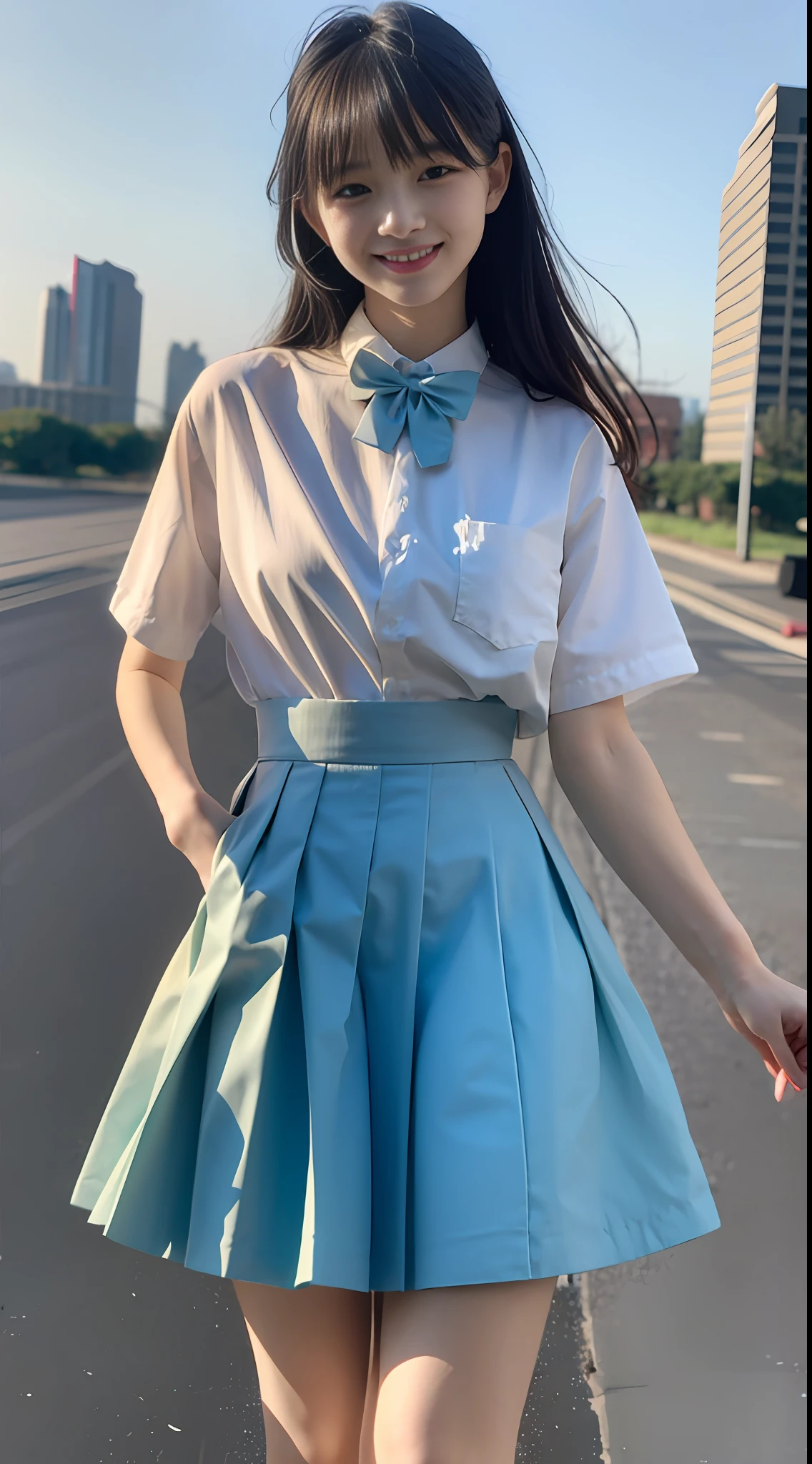 1 girl, outdoor, beautiful, long legs, full body, (panorama), high quality, city, jk, jk skirt, shirt, delicate facial features, blurred background, cute, sweet, smile, sunshine girl, bow tie