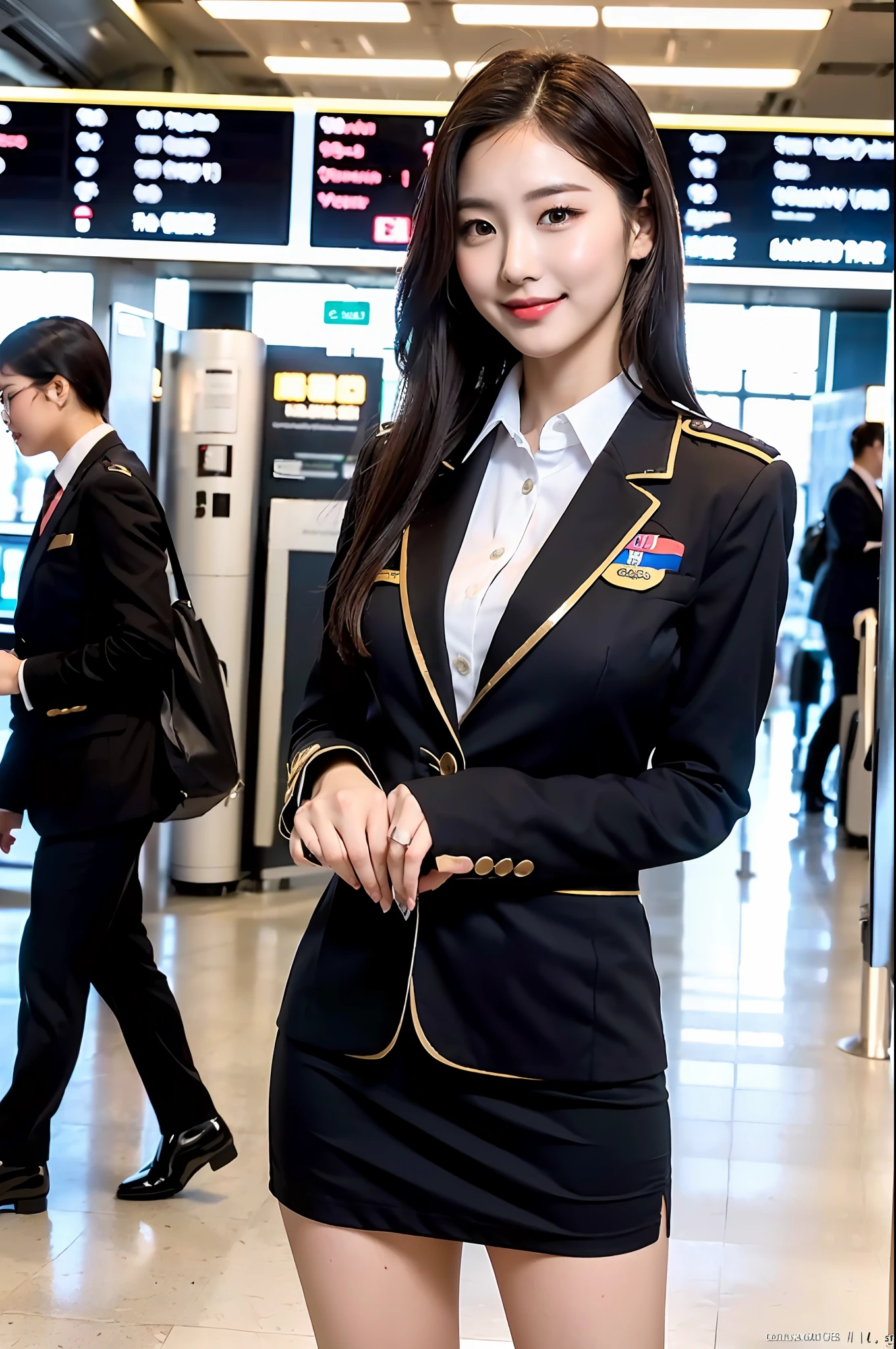 1 girl, (photorealistic, high resolution: 1.4), full body (8k, RAW photo, top quality, masterpiece: 1.2), (realistic, photorealistic): 1.37), ((white skin: 1.2), busty, 20 year old girl, alone, viewer's gaze, (middle hair: 1.5), airplane, airport, stewardess uniform, formal jacket, real, (masterpiece: 1.4), ( Best Quality: 1.4), (Glossy Skin), Smile (Skinny, Mouth Closed, Shy: 1.3), Mini Skirt, Open Legs