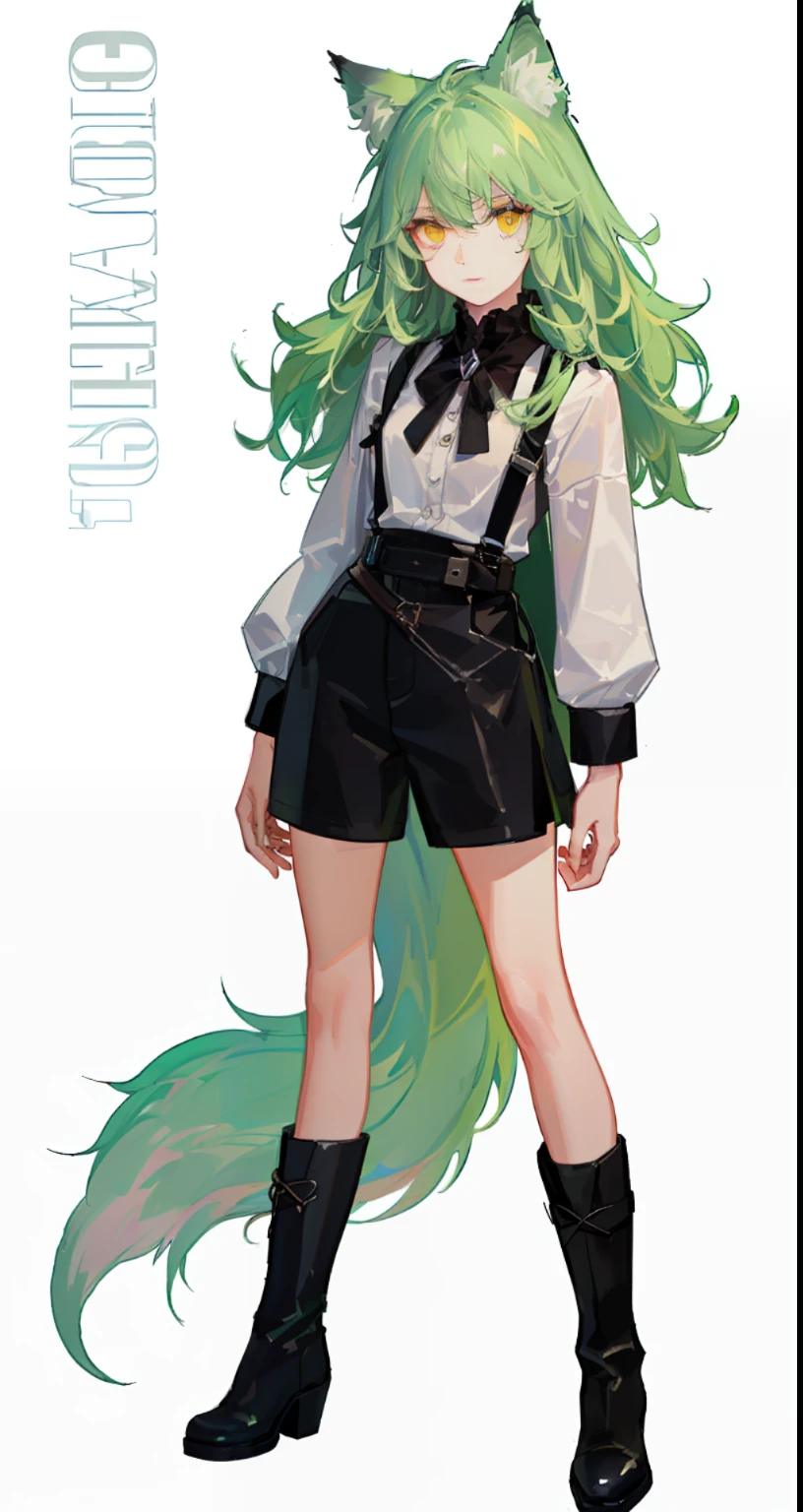 White shirt, black suspenders, black leather boots, stand straight, full body, divinity, light green hair, mullet head, yellow eyes, wolf ears, expressionless, depicted eyes, delicate facial features, anatomically correct, looking at the audience, treated hair