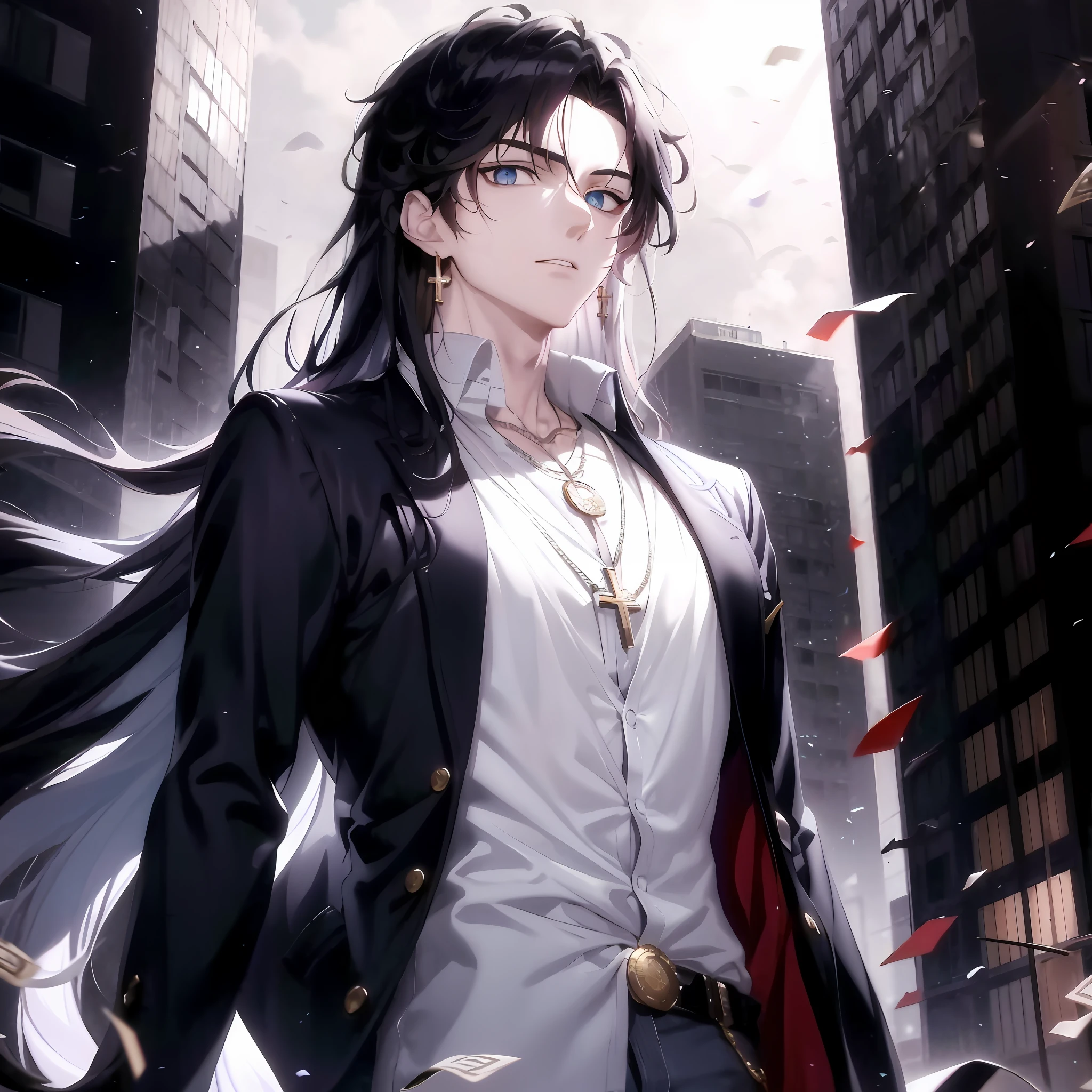 Anime - a style image of a man with long hair and a cross necklace on his chest and a necklace with coins, handsome guy in demon killer art, beautiful androgynous prince, delicate androgynous prince, anime handsome man, handsome anime pose, by Yang J, tall anime guy with blue eyes, art in Guvez style, badass anime 8 K, anime portrait of handsome man