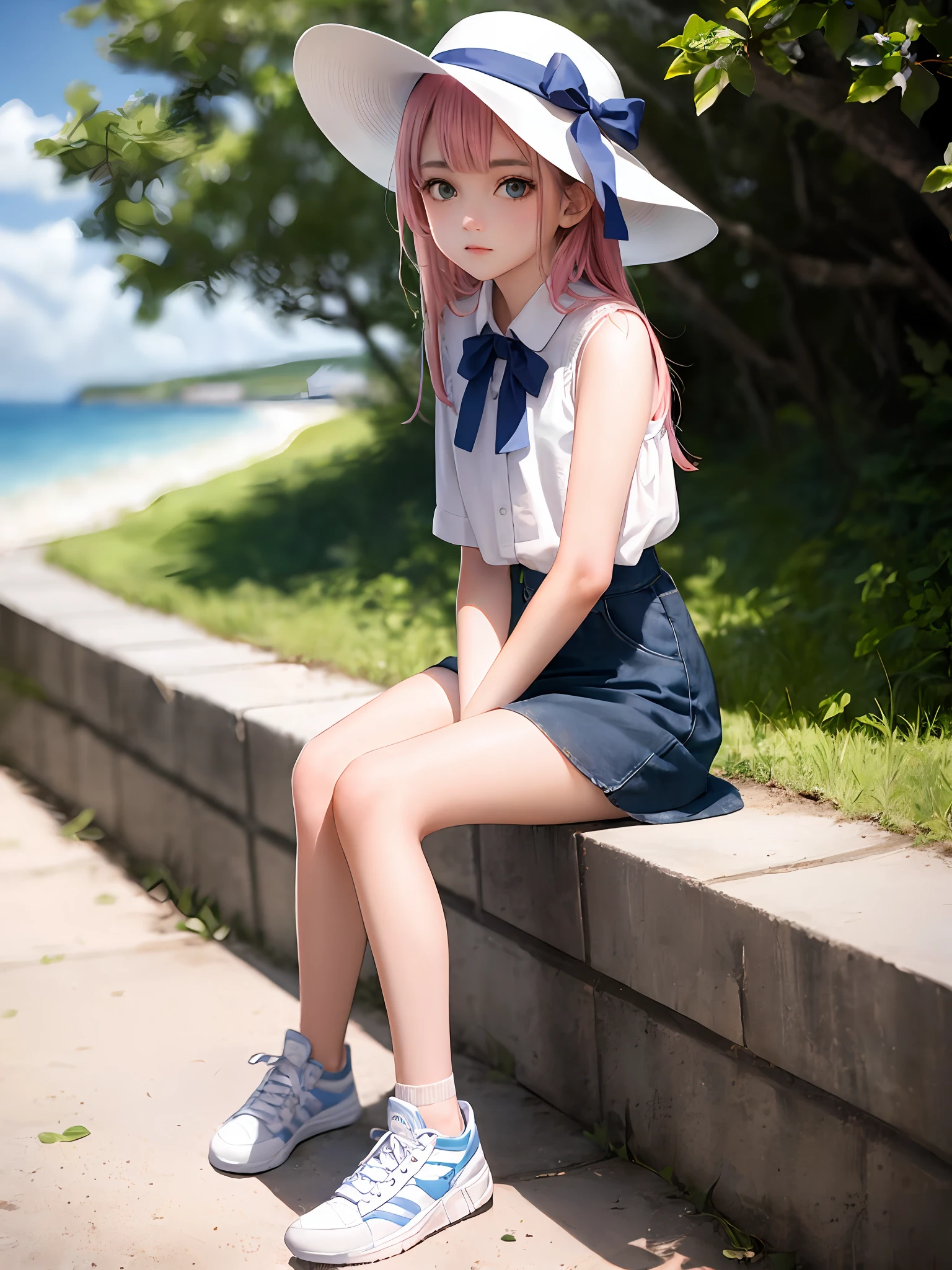 1girl, (masterpiece:1.1), (best quality:1.1), (white blouse:1.1), BREAK [blue:pink:0.5] theme, cowboy shot, full body, sideways view, looking at the audience, break pink hair, long hair, delicate facial features, blue eyes, white hat, lady hat, white top, black miniskirt, white sneakers, sitting, beach, Sell moe