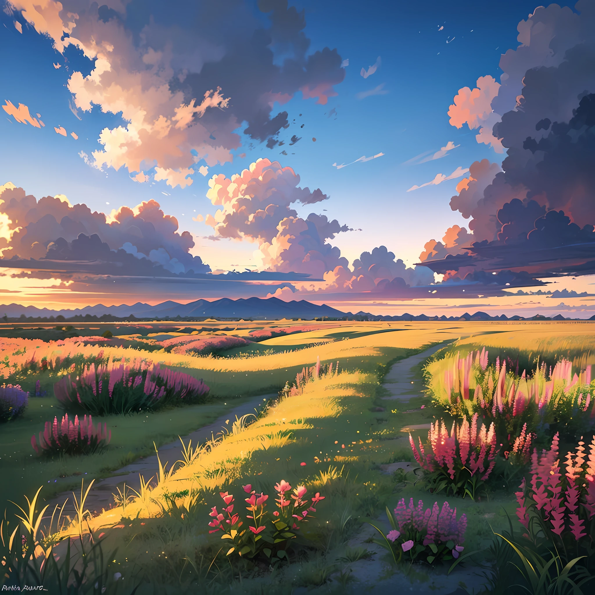 Sea, sand, grassland, wildflowers, desert, distant snowy mountains, sky, large stretching clouds, sunset, light penetrating the clouds to the ground, wide-angle lens shooting