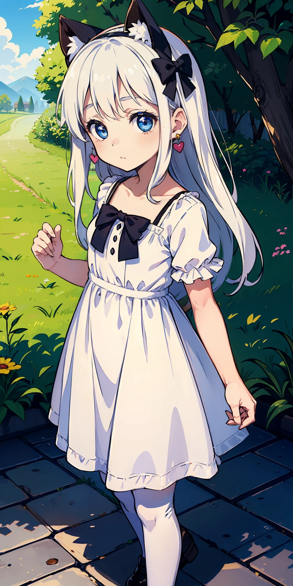 ((((little )))))), outdoor, long hair, cute, white stockings, high quality, white hair, heart-shaped pupils, hair accessories, earrings, bows, short sleeves, hairpins, moe, shy, blue eyes, ((((((young))))), (bright eyes), (slip dress)