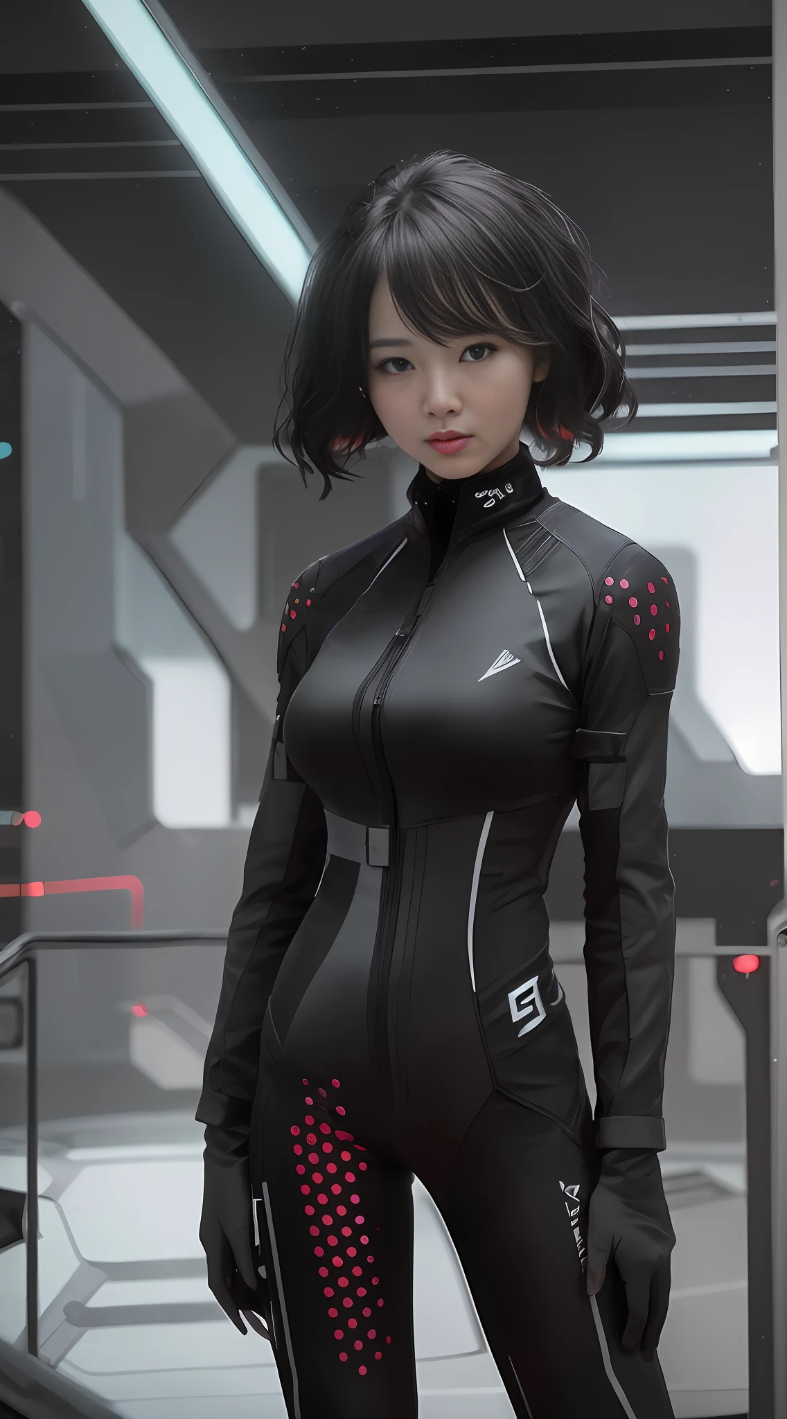 (RAW photo, best quality), (realistic, photo-realistic:1.3), best quality, highly detailed, fking_scifi, an award-winning photo of a Chinese girl, black combat suit with red dots, black hair, (Black Eyes: 1.35), Beautiful Face, Beautiful Eyes, Super Detail, Chinese 18 Year Old Girl, Short Hair, Asymmetrical Face, Standing in front of a Spaceship Window, Full Body, 50 mm, Background Blur, Mass Effect, Anthem, fking_cinema_v2