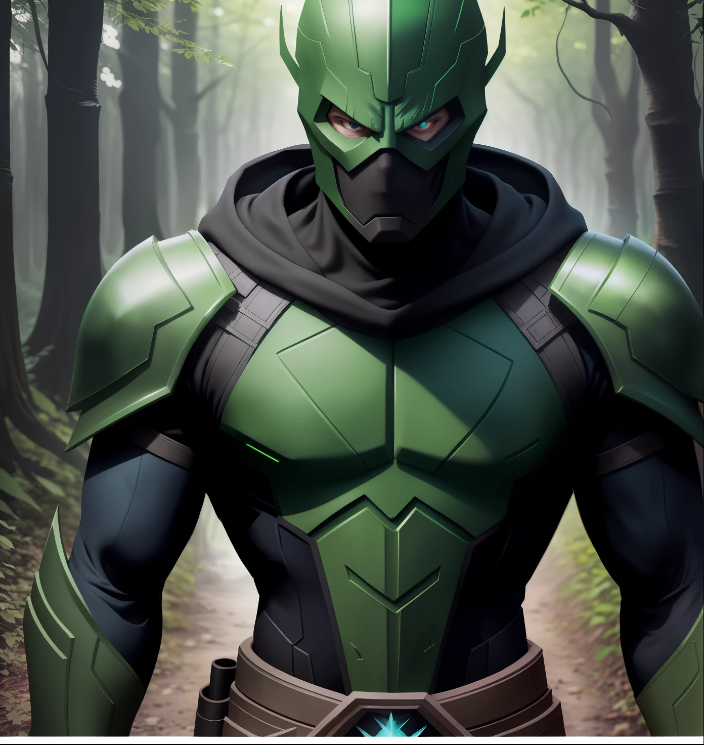 A closeup of a ninjain a green suit standing in a forest, green armor, dressed in stealth armor, green hood, stealth suit, dark supervillain, Marvel Tor, amazing 8K character concept art, wearing green armor and helmet, epic ninja costume, green fate guy, with bright runes on the body, matte green green armor, green goblin,  wearing green armor and helmet, epic ninja costume, green fate face, with bright runes on the body, dark green armor, green goblin,(8k, RAW photo, best quality, masterpiece: 1.2), ultra detailed, official art, photo-realistic: 1.37, upper body shot.