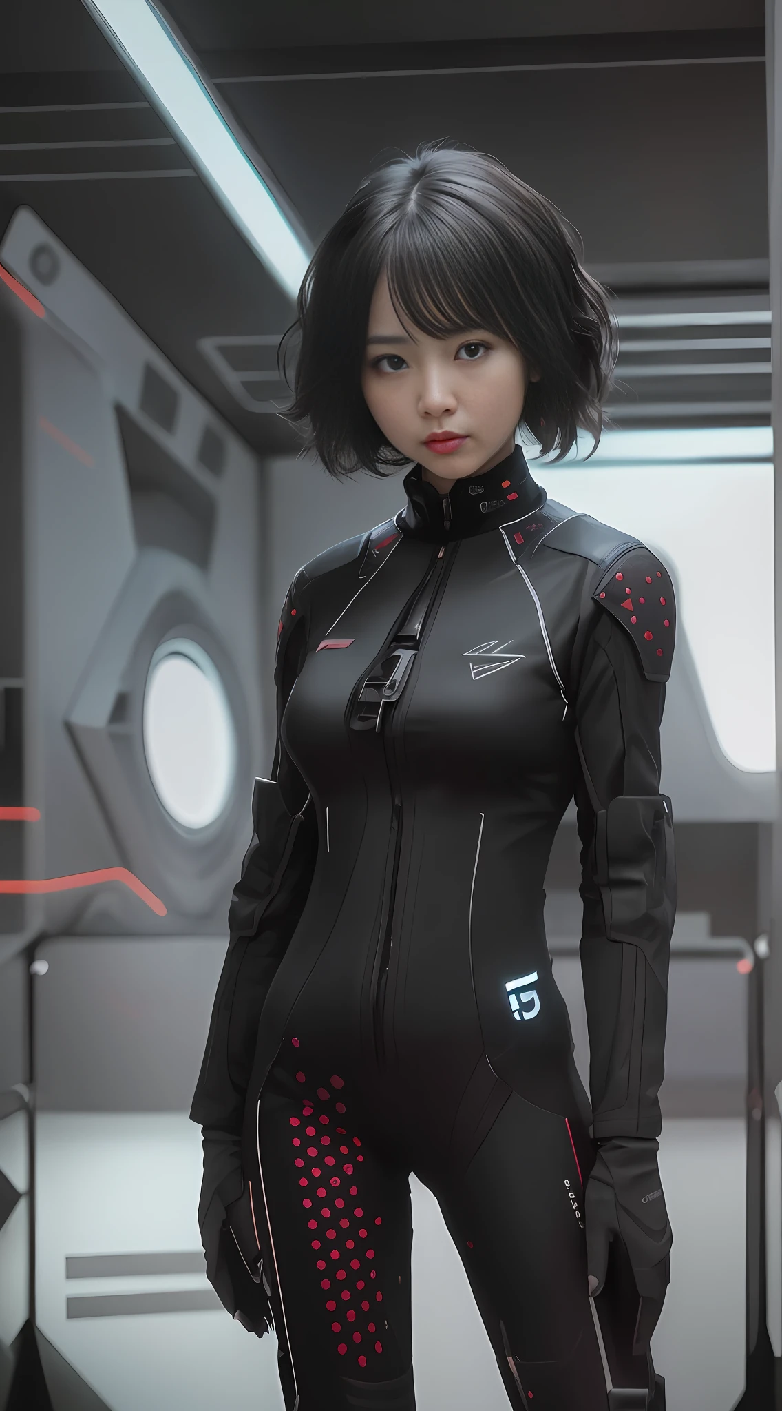 (RAW photo, best quality), (realistic, photo-realistic:1.3), best quality, highly detailed, fking_scifi, an award-winning photo of a Chinese girl, black combat suit with red dots, black hair, (Black Eyes: 1.35), Beautiful Face, Beautiful Eyes, Super Detail, Chinese 18 Year Old Girl, Short Hair, Asymmetrical Face, Standing in front of a Spaceship Window, Full Body, 50 mm, Background Blur, Mass Effect, Anthem, fking_cinema_v2