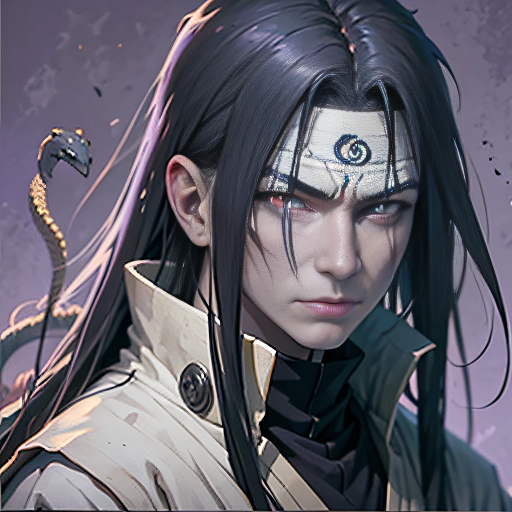 orochimaru,1boy,red eyes,male focus,solo,snake,pale skin,simple background,purple background,upper body,looking at viewer,forehead protector,headband,shirt,robe,Facial close-up,