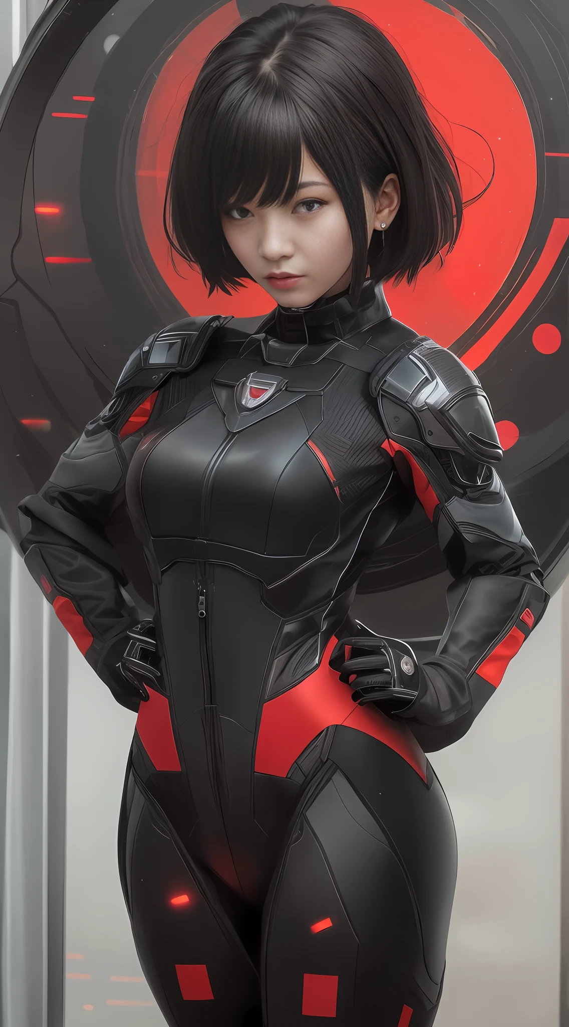 (RAW photo, best quality), (realistic, photo-realistic:1.3), best quality, highly detailed, fking_scifi, an award-winning photo of a Chinese girl, black combat suit with red dots, black hair, (Black Eyes: 1.35), Beautiful Face, Beautiful Eyes, Super Detail, Chinese 18 Year Old Girl, Short Hair, Asymmetrical Face, Standing in front of a Spaceship Window, Full Body, 50 mm, Background Blur, Mass Effect, Anthem, fking_cinema_v2