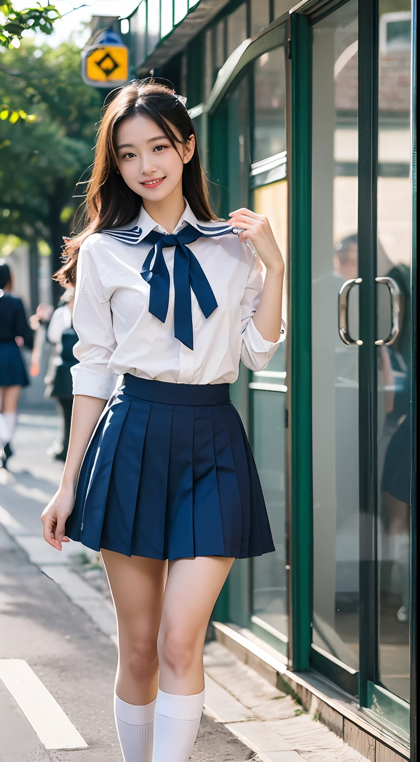 Highly detailed 8k wallpaper), sharp focus, detailed, dramatic, delicate and beautiful schoolgirl, white shirt, navy blue ribbon collar, dark blue pleated micro mini, sexy, smile, peek at the viewer, graphics beautiful, bright school building, full of students, show your whole body, white socks,
