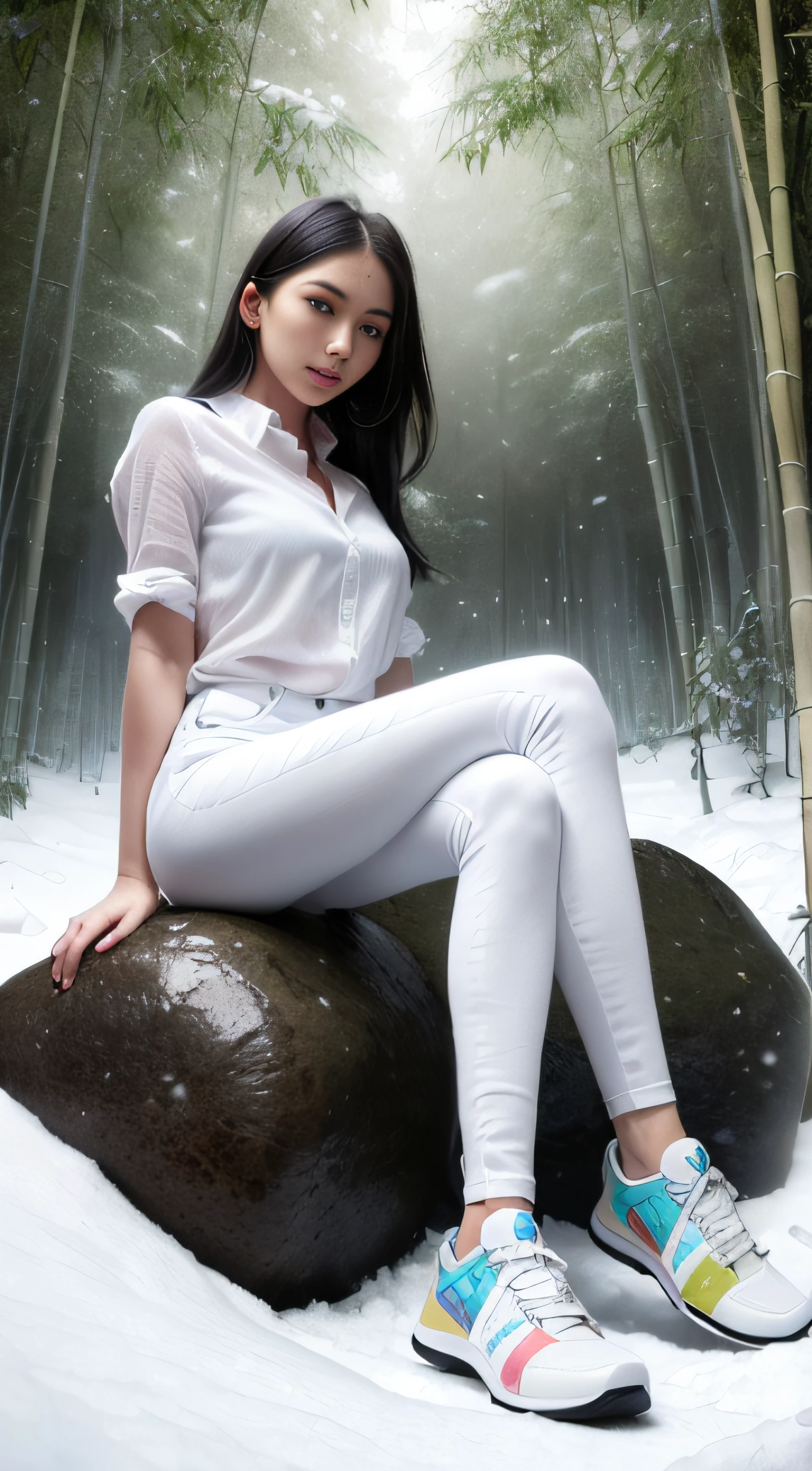 High-definition, realistic, a long-legged woman wearing a soaked white shirt, blue skinny jeans and sneakers sits on a large rock in the middle of a bamboo forest in winter, surrounded by snow, and her hands are not visible.