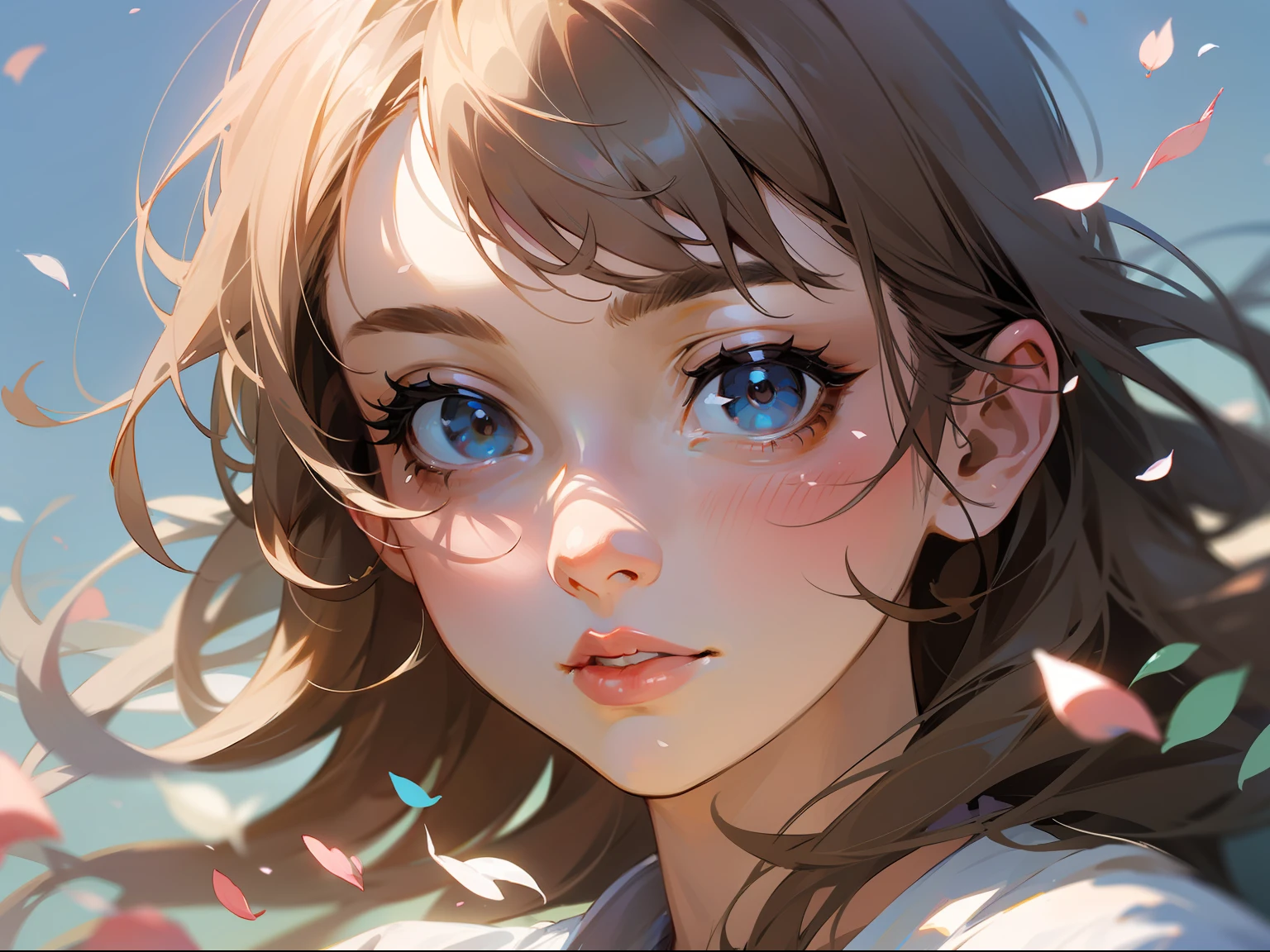(best quality, masterpiece, ultra-realistic), 1 beautiful and delicate portrait of a girl, playful and cute, with floating petals in the background