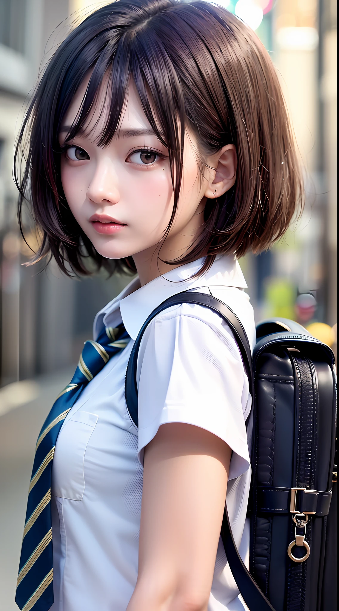 (8k, RAW photos, ultra high quality, ultra detailed CG Unity 8k wallpaper, masterpiece: 1.2), Sigma 50mm f1.4, one girl, 3D, looking viewer, super beautiful detailed eyes, accurate shiny iris depiction, pupil is black, water-based humor shine, ultra-detailed eyelashes, very slightly black rim iris, delicate and beautiful hair, ultra-detailed hair, precise shading of hair, delicate hair tips, no makeup, ultra-detailed lipsPrecisely drawn lip wrinkles, beautiful shiny lips, short hair (shiny skin due to sweat: 0.3), precise shading created on clothes, (school uniform, white shirt, short sleeves, dark gray pleated plaid skirt, dark gray tie: 1.2), walking through the neon streets in the middle of the night. Have a bag for students.